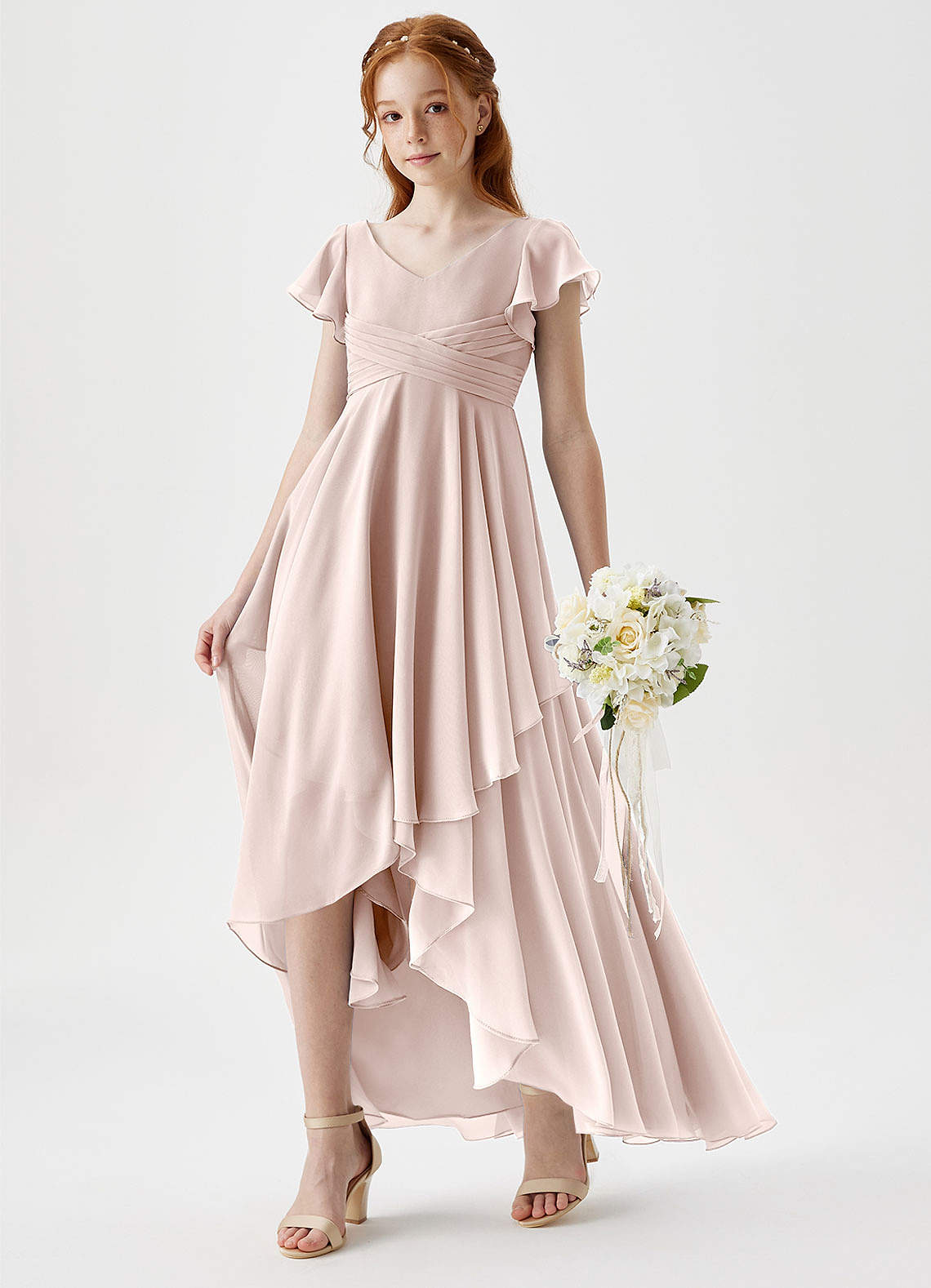 Azazie Caria Junior Rose Petal A-Line Pleated Chiffon Dress image1