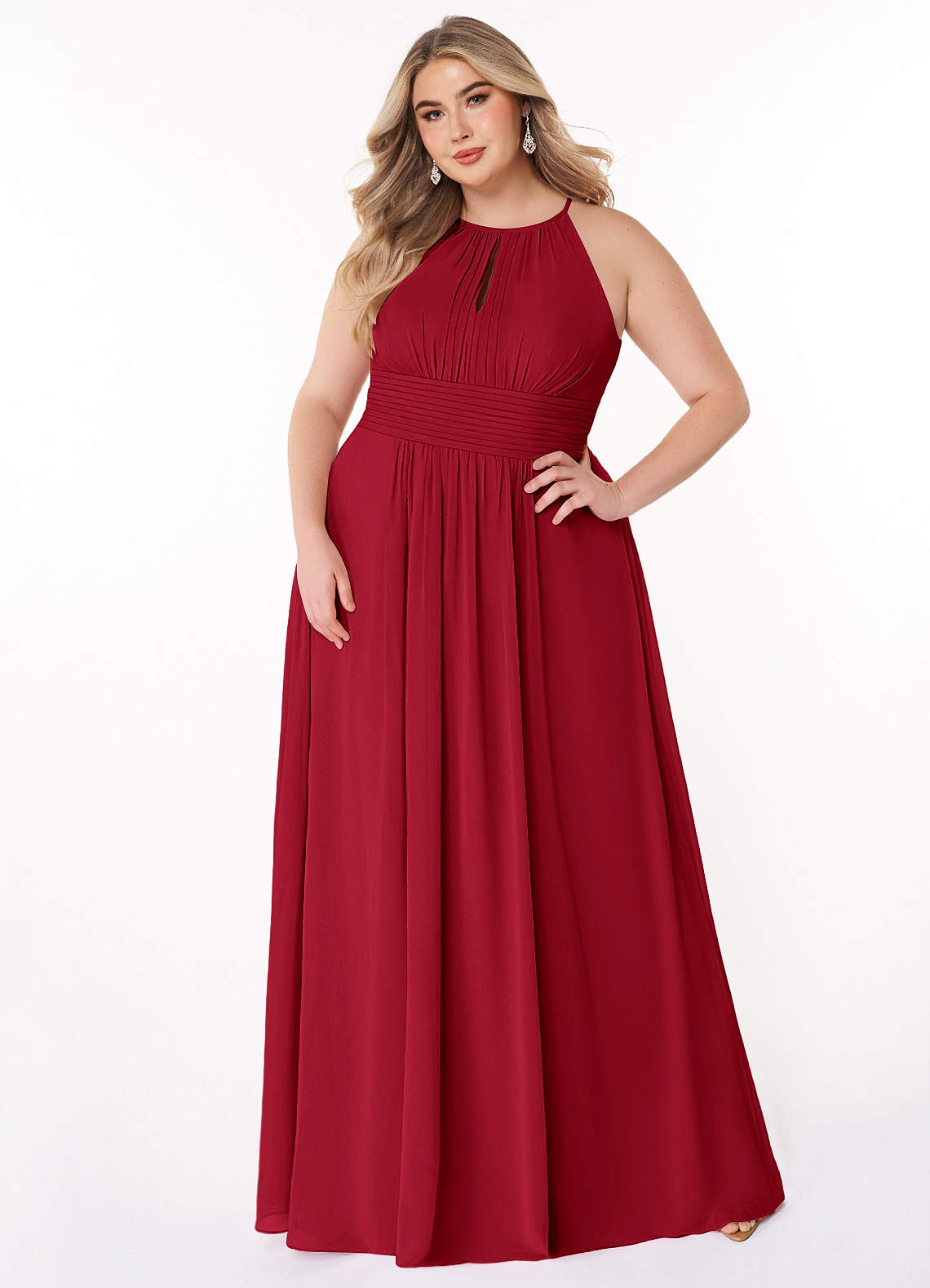 Azazie Bonnie Brautjungfernkleider A-Linie Schlüsselloch Gerüscht Chiffon Kleid Scharlachrot image1