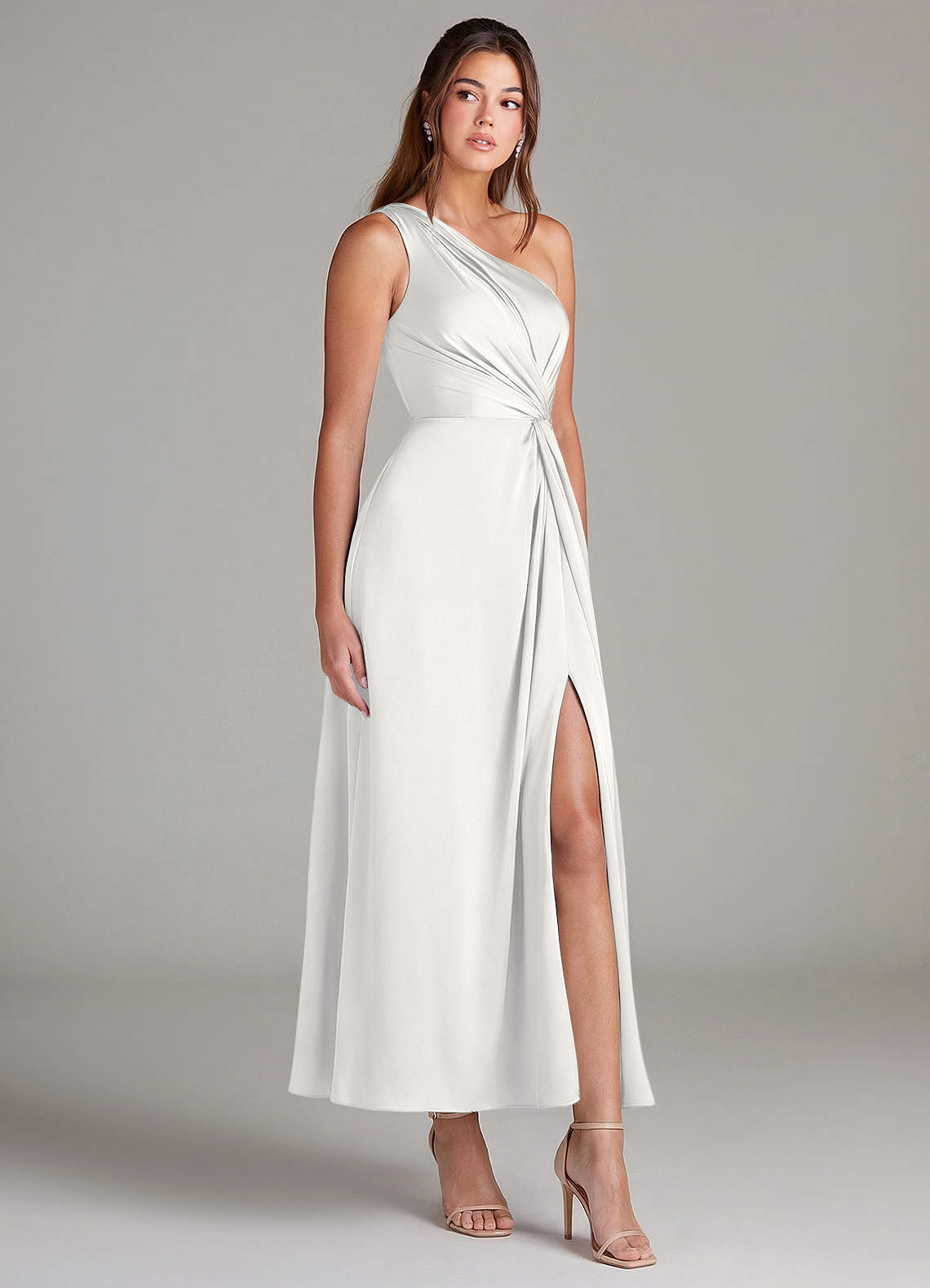 Azazie Brooke Bridesmaid Dresses White A-Line One Shoulder Stretch Satin Dress image3