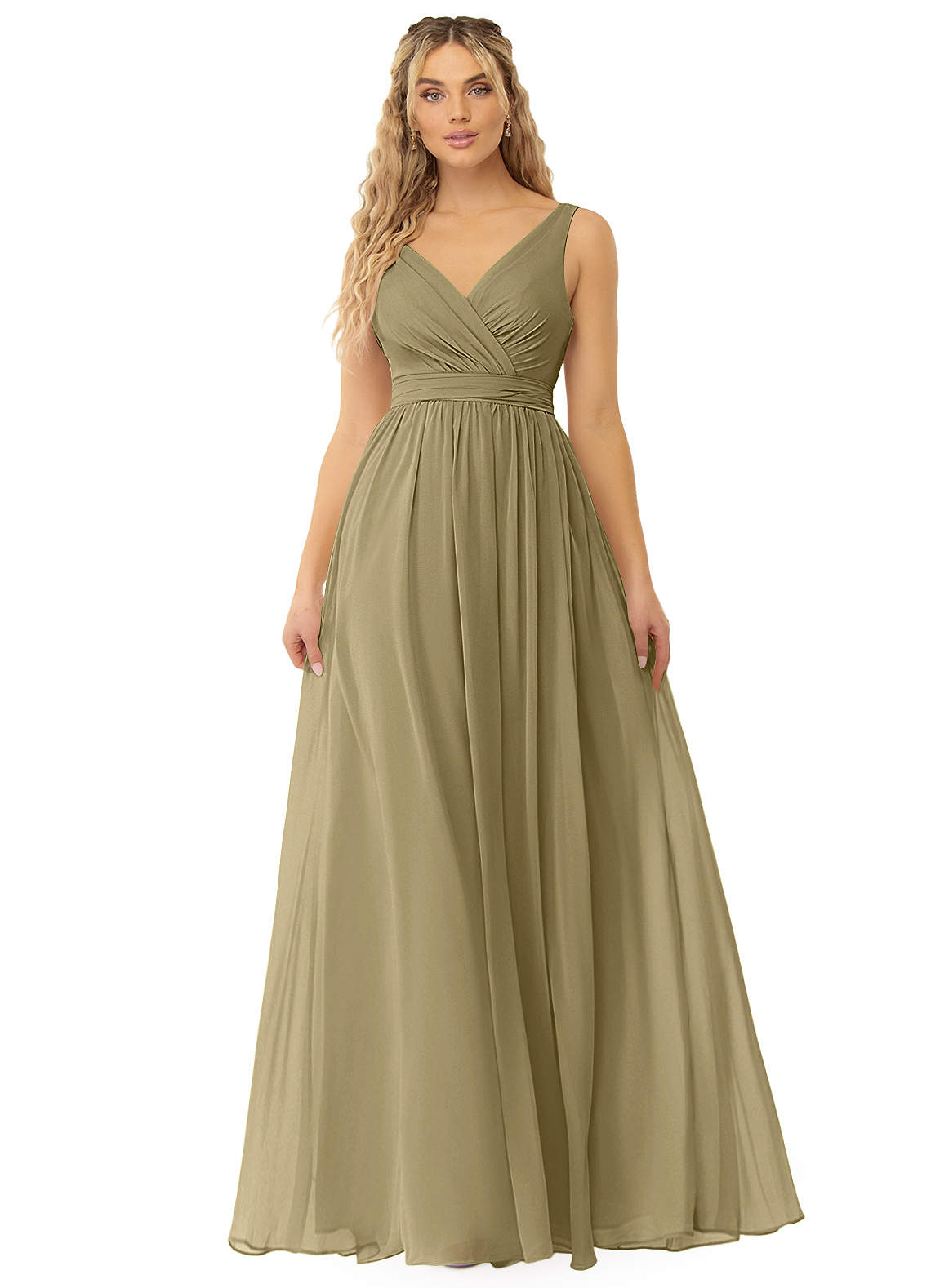 Azazie Kora Vestidos de damas de honor Vestido de Musgo Verde de Gasa de Corte en A con Plisado image1