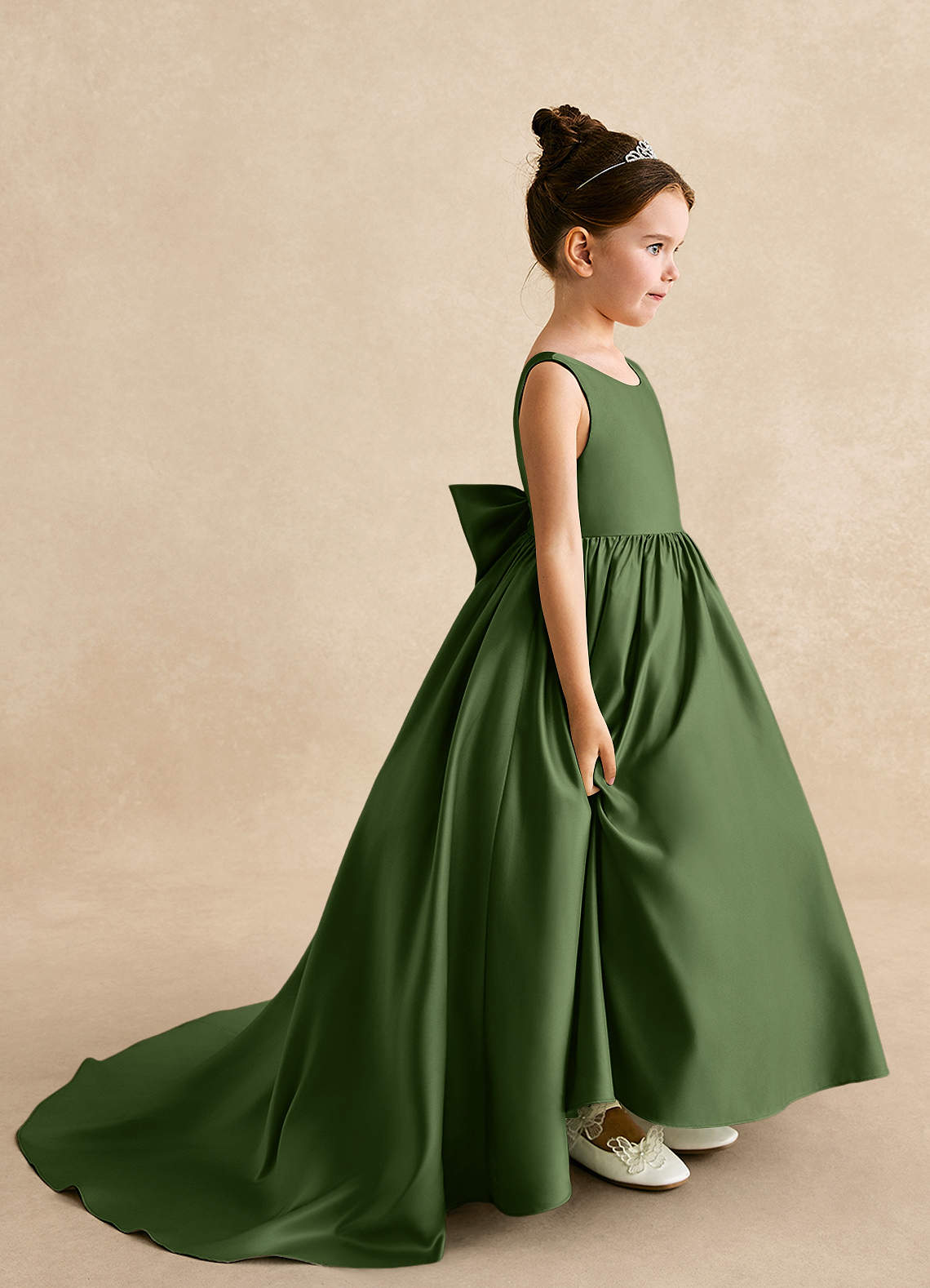Azazie Mimia Flower Girl Dresses Olive A-Line Bow Matte Satin Dress image1