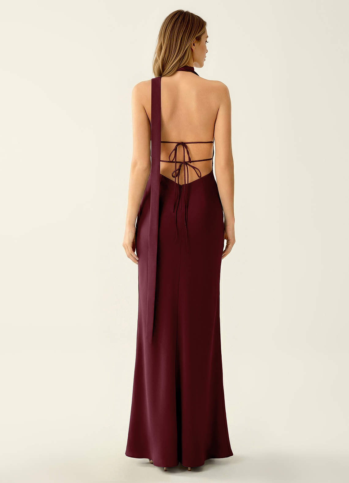 backless deep neck dress Wrenllien Wine V-Neck Satin Maxi A classic cut designed sleeveless-dress Charming A-line Sweetheart Burgundy Size:40