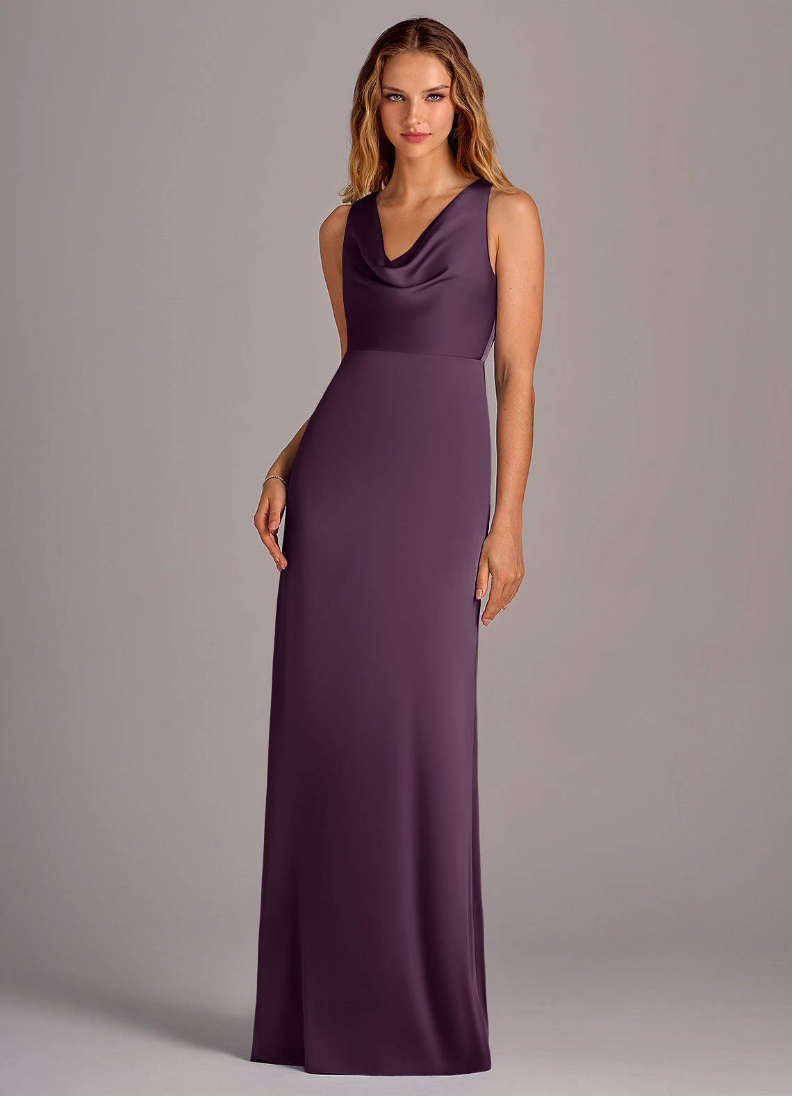 Azazie Wrenlee Bridesmaid Dresses Plum A-Line Stretch Satin Dress image1