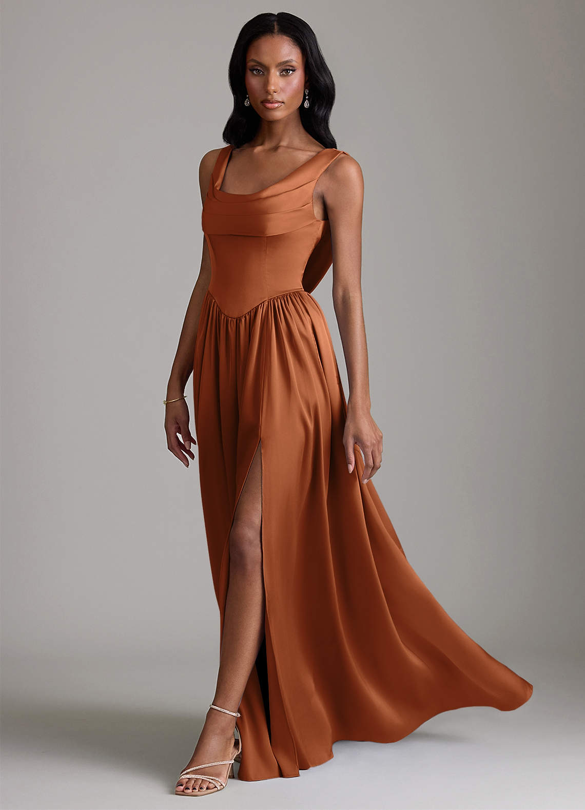Azazie Novi Copper Stretch Satin Bridesmaid Dresses | Azazie