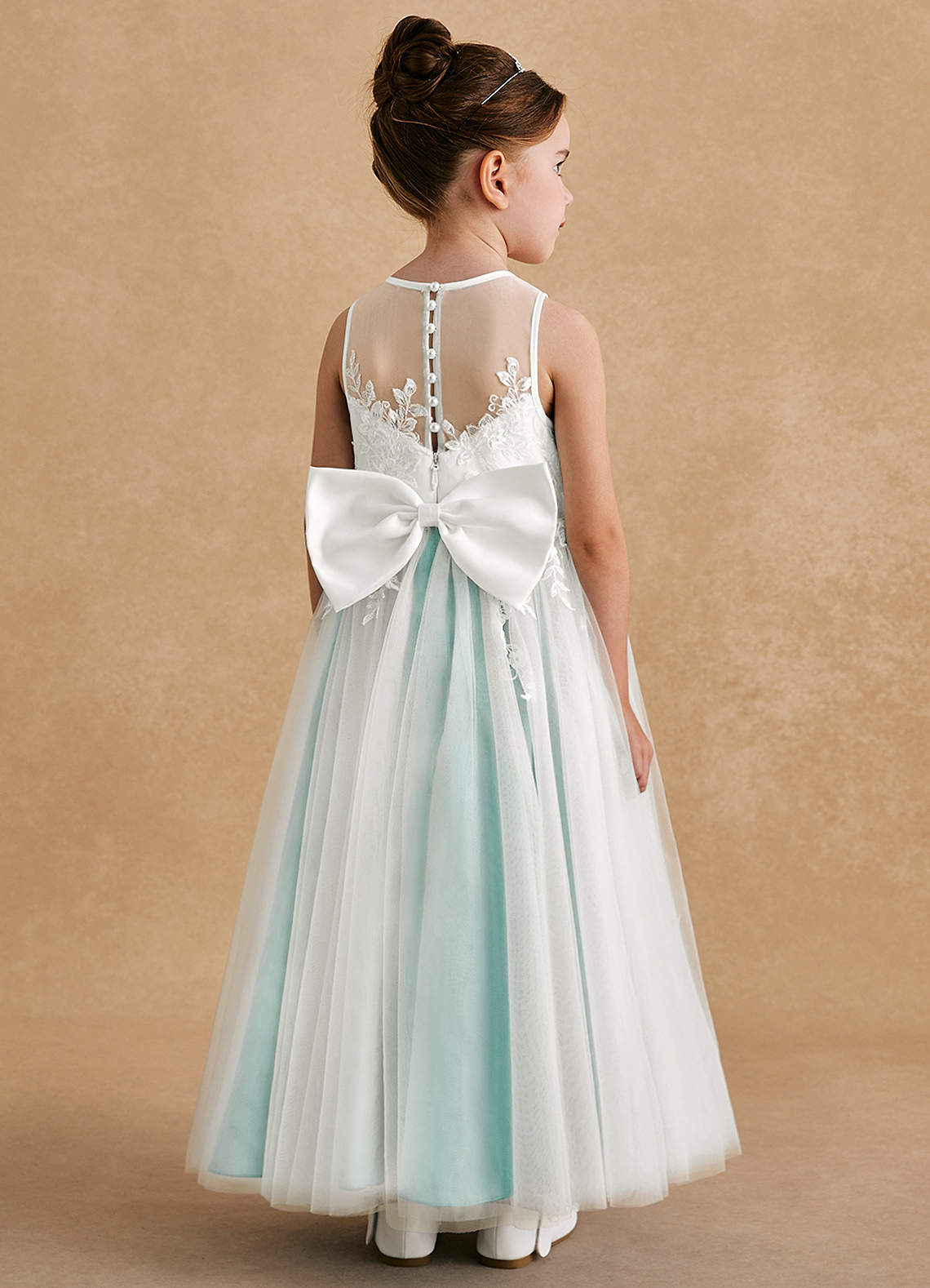 Azazie Bitsy Robe Demoiselle D'honneur Fillette Robe Trapèze en Tulle Dentelle Ivoire Aqua image1