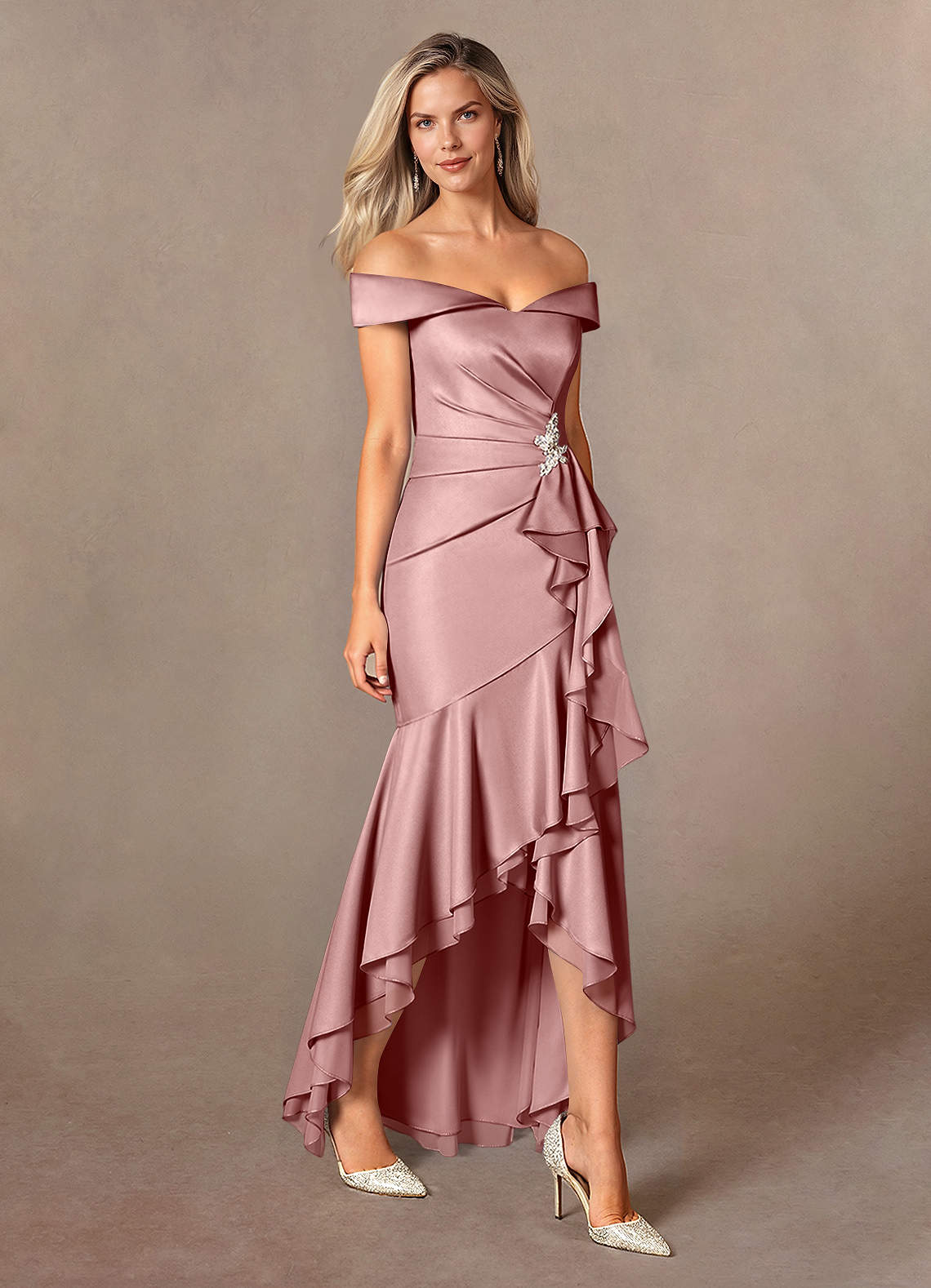 Azazie Billings Mother of the Bride Dresses Dusty Rose Mermaid Off the Shoulder Stretch Satin Dress image5