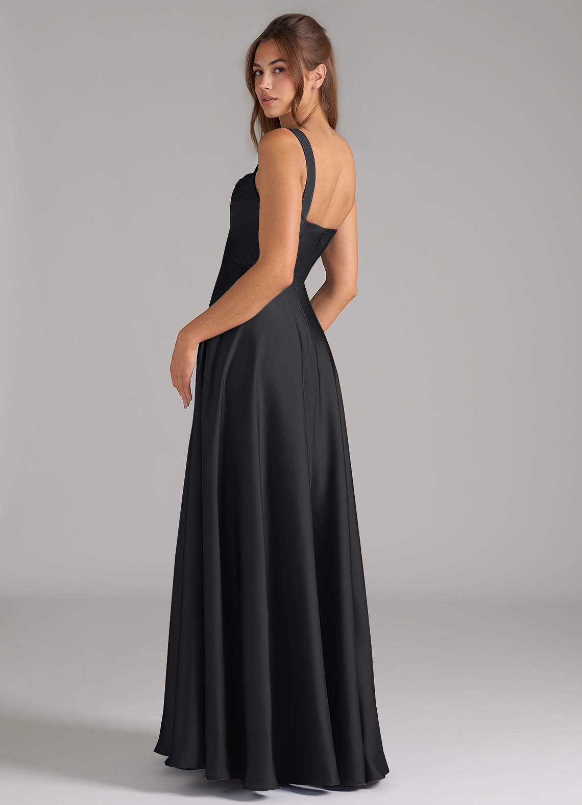 Azazie Shaude At-home Try On Dresses Black A-Line Pleated Stretch Satin Dress image6