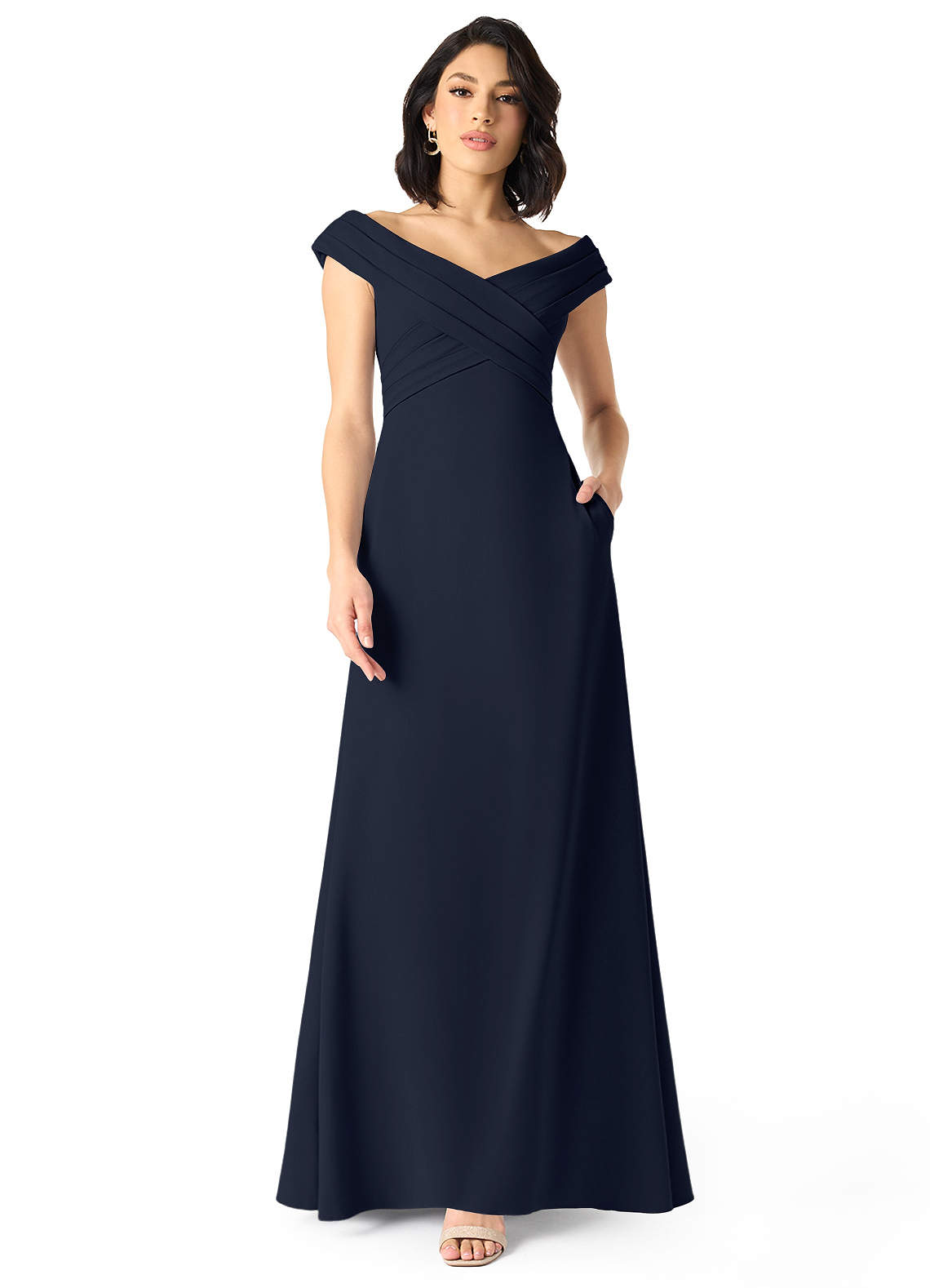 Azazie Evita Vestidos de damas de honor Vestido de Azul Marino Oscuro de Crepé elástico de Corte en A con Vestidos sin tirantes image1