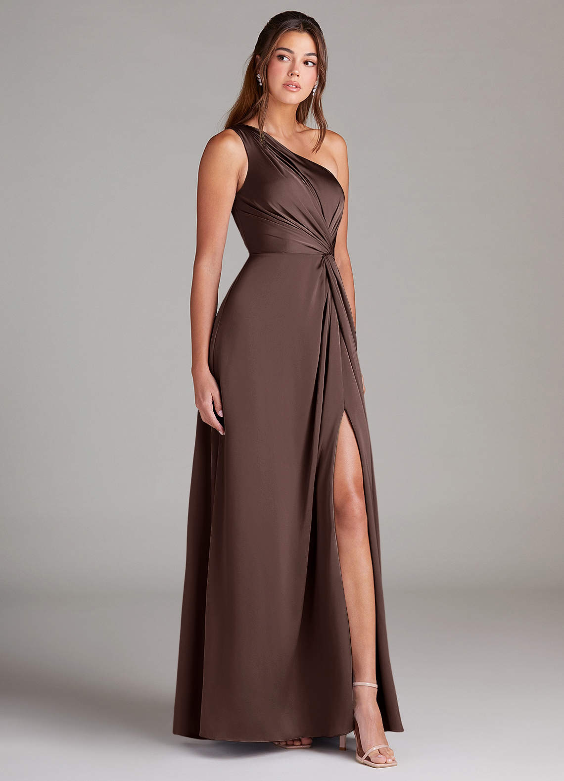 Azazie Brooke Bridesmaid Dresses Ganache A-Line One Shoulder Stretch Satin Dress image4
