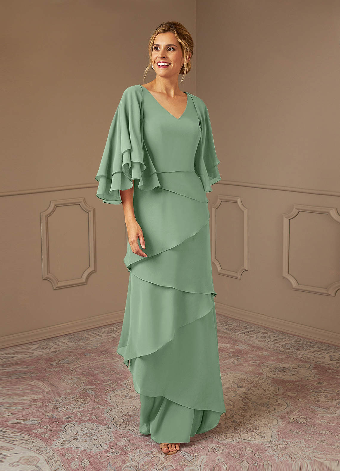 Azazie OHara Mother of the Bride Dresses Matcha A-Line V-Neck Chiffon Dress image1