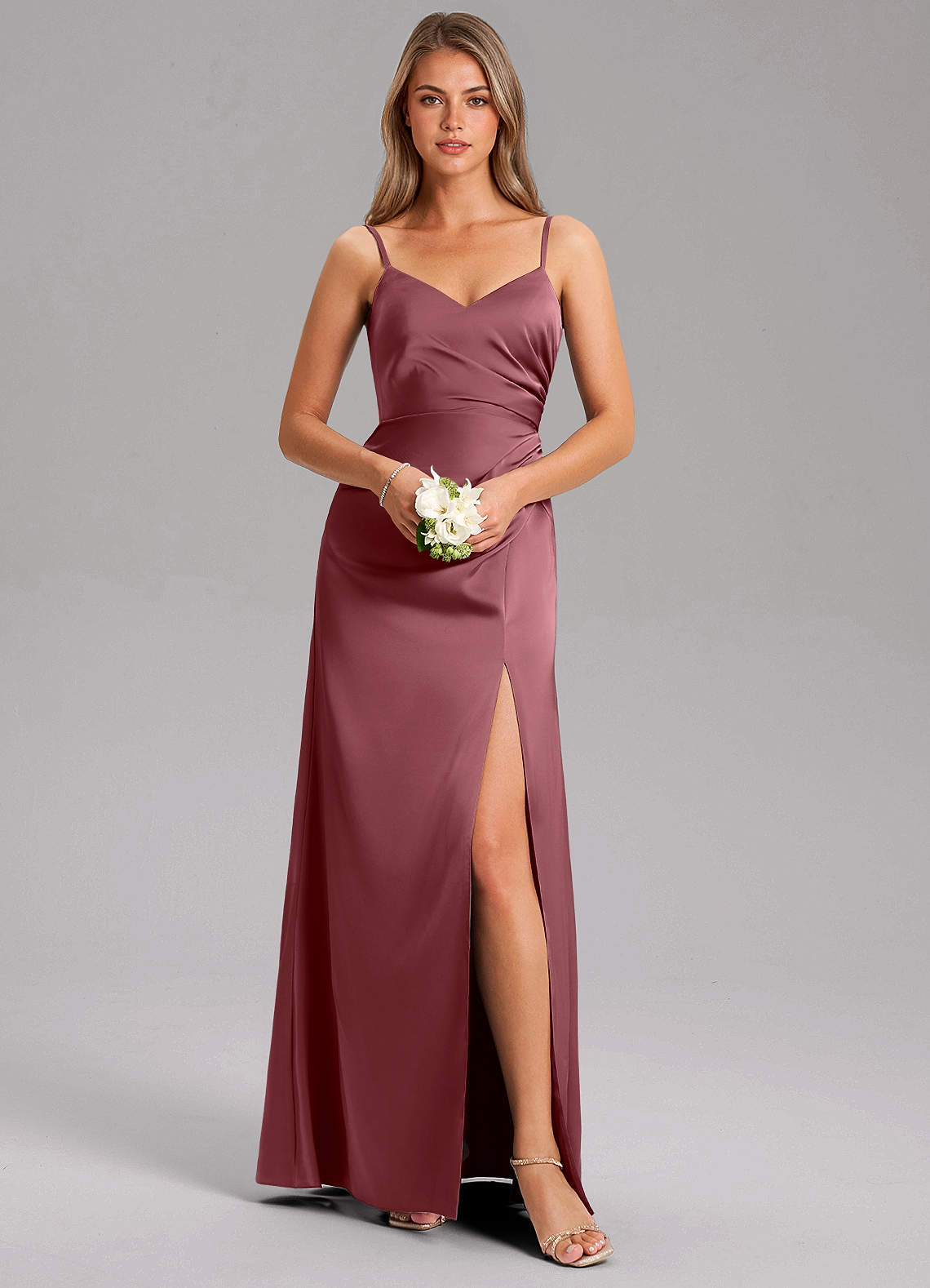 Azazie Azuree Bridesmaid Dresses Desert Rose A-Line Pleated Stretch Satin Dress image8