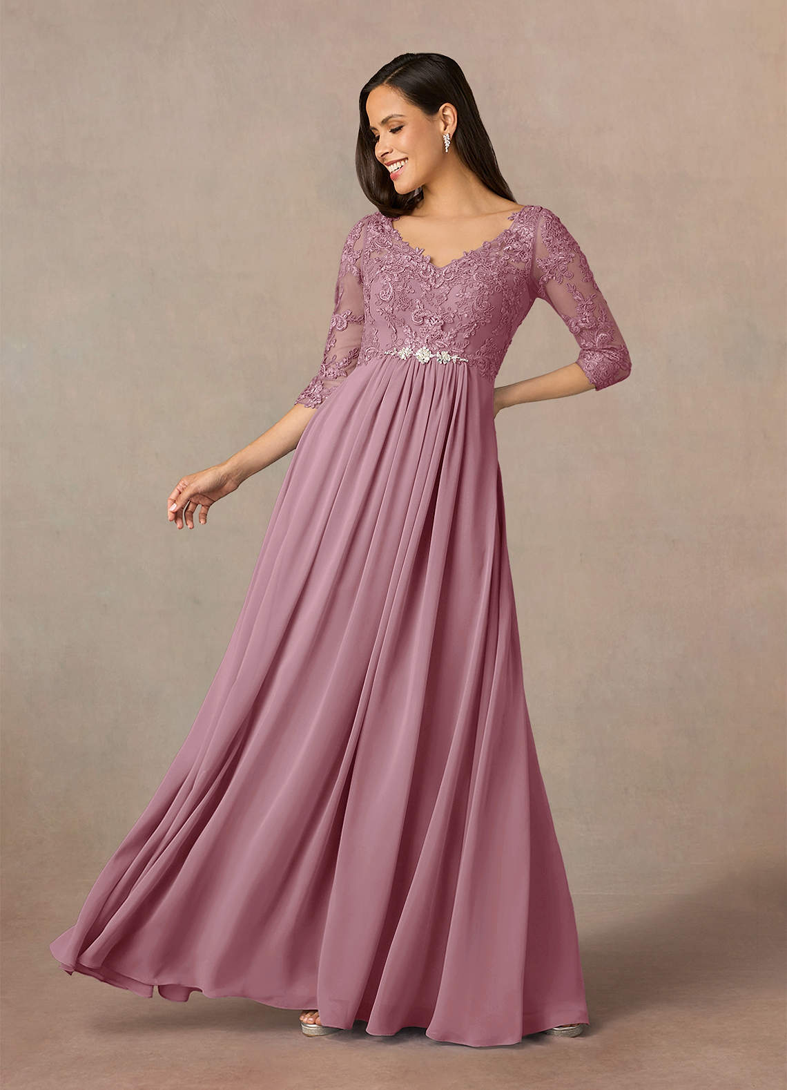 Azazie Hayek Mother of the Bride Dresses Vintage Mauve A-Line V-Neck Lace Chiffon Dress image1