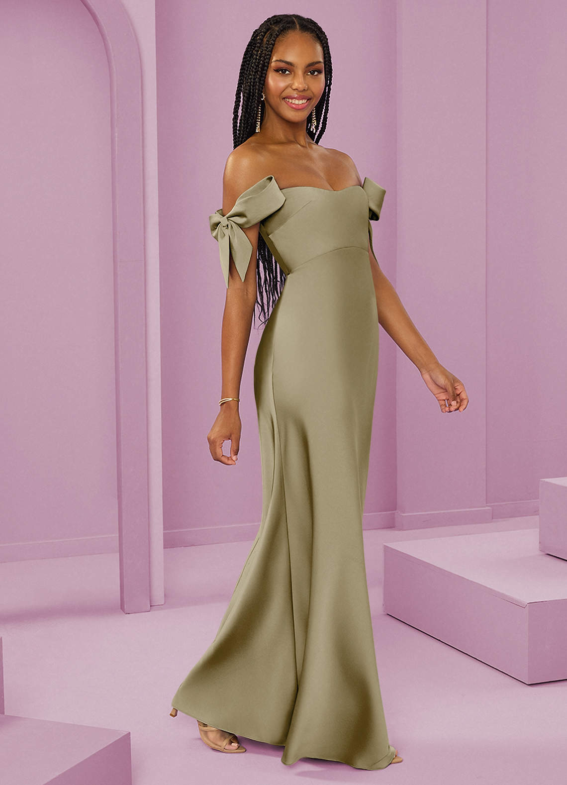 Barbie ♥ Azazie Bridesmaid Dresses Moss Green Sheath Off the Shoulder Stretch Satin Convertible Dress image1