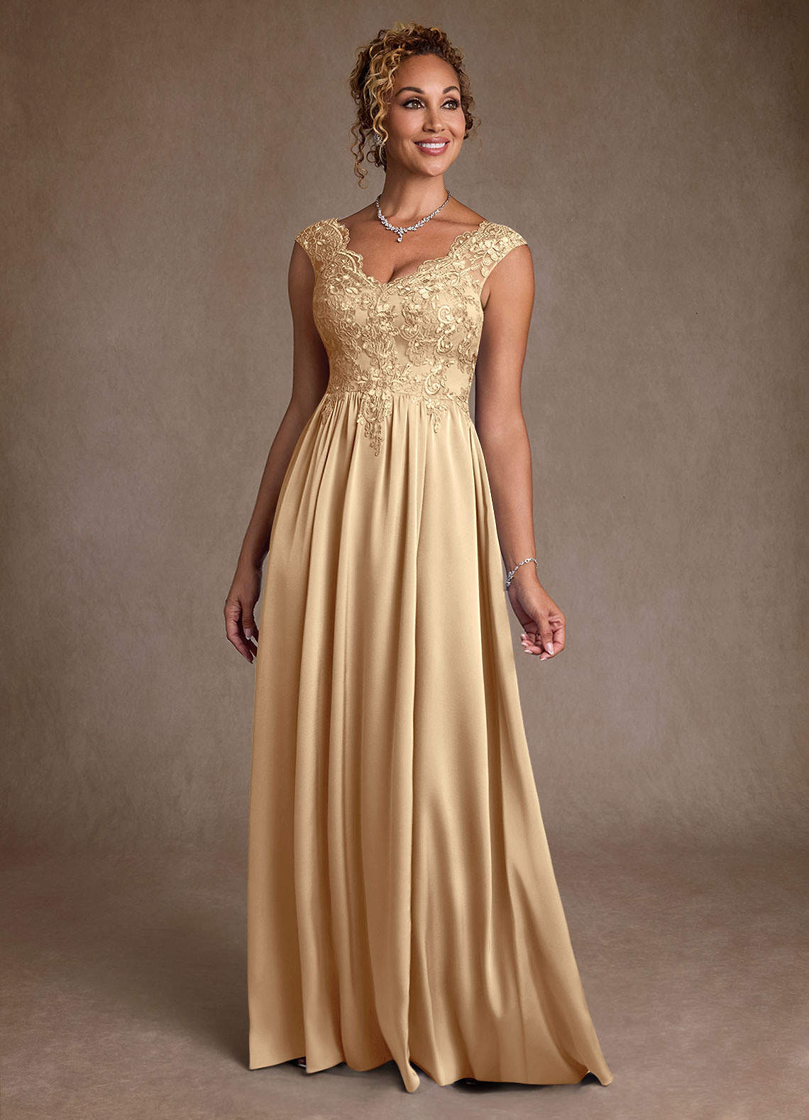Azazie Amethyst Mother of the Bride Dresses Champagne A-Line Lace Dress image1