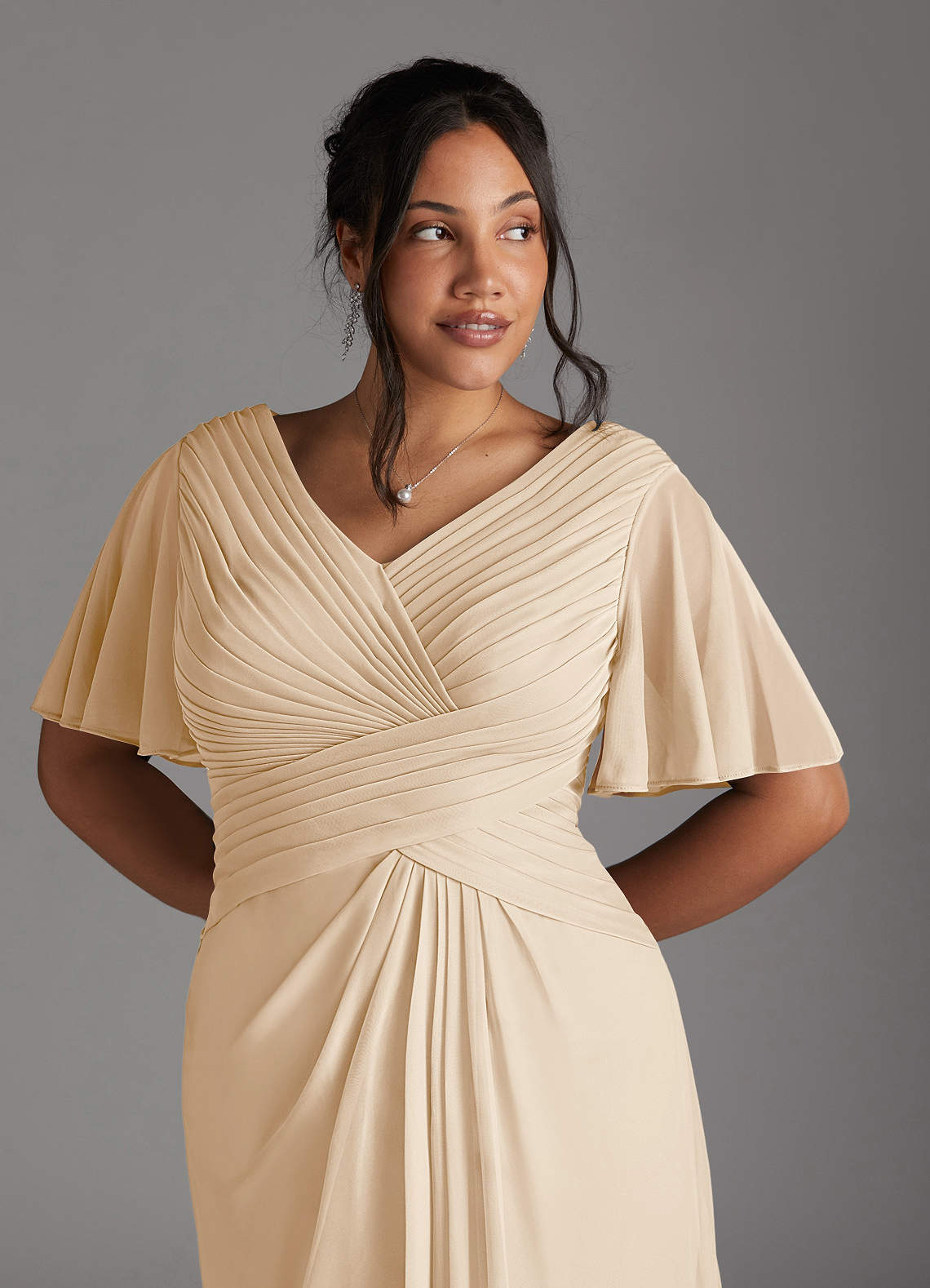 Azazie Emmeline Mother of the Bride Dresses Champagne A-Line V-Neck Pleated Mesh Dress image9