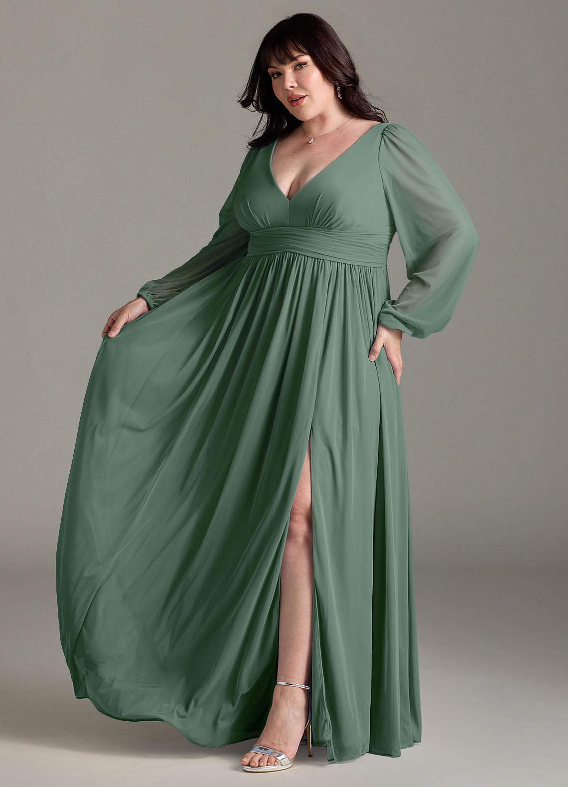 Azazie Norah Bridesmaid Dresses Eucalyptus A-Line V-Neck Long Sleeve Chiffon Dress image9