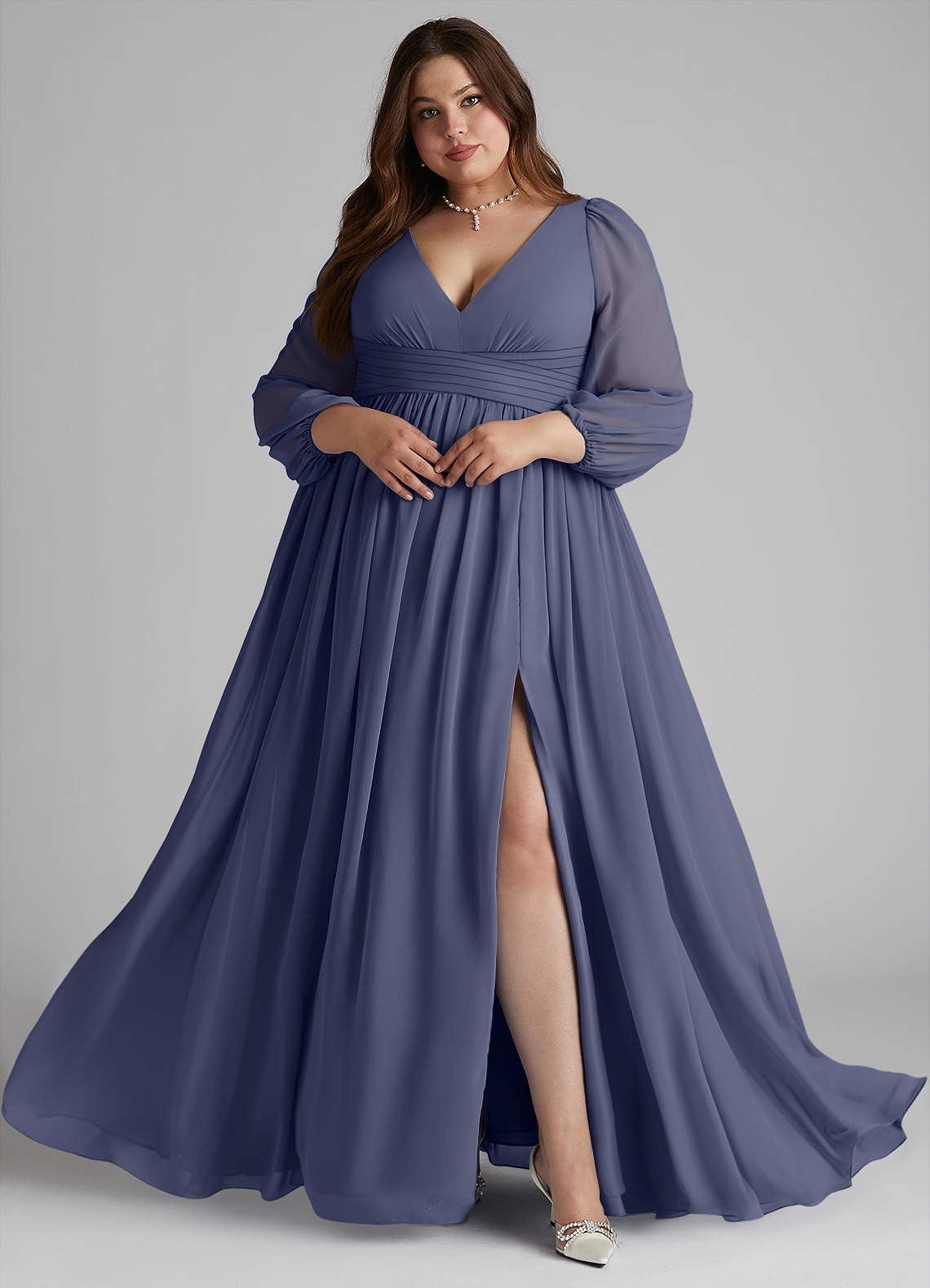 Azazie Norah Bridesmaid Dresses Stormy A-Line V-Neck Long Sleeve Chiffon Dress image7