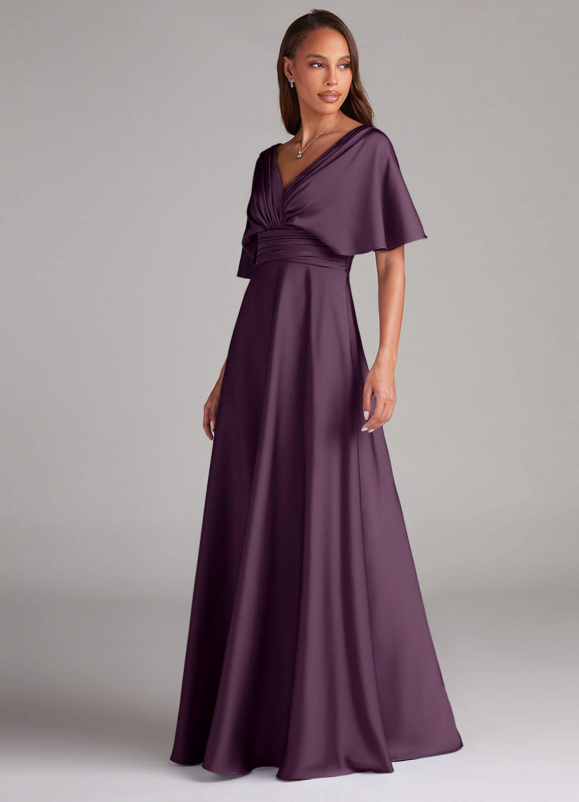 Azazie Pamela Bridesmaid Dresses Plum A-Line Pleated Stretch Satin Dress image3