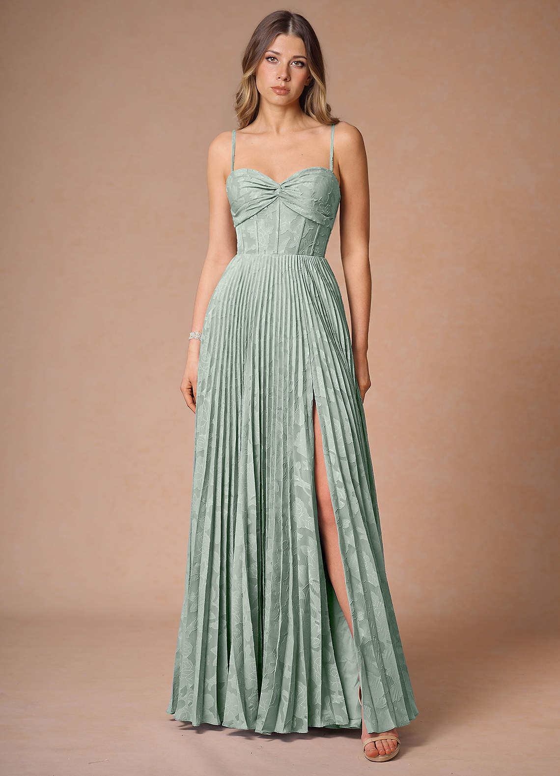 Akiko Pistachio Pleated Maxi Dress | Azazie