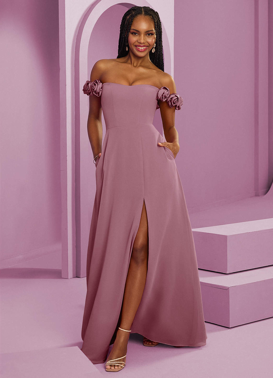 Barbie ♥ Azazie Bridesmaid Dresses Vintage Mauve A-Line Off the Shoulder Chiffon Convertible Dress image1