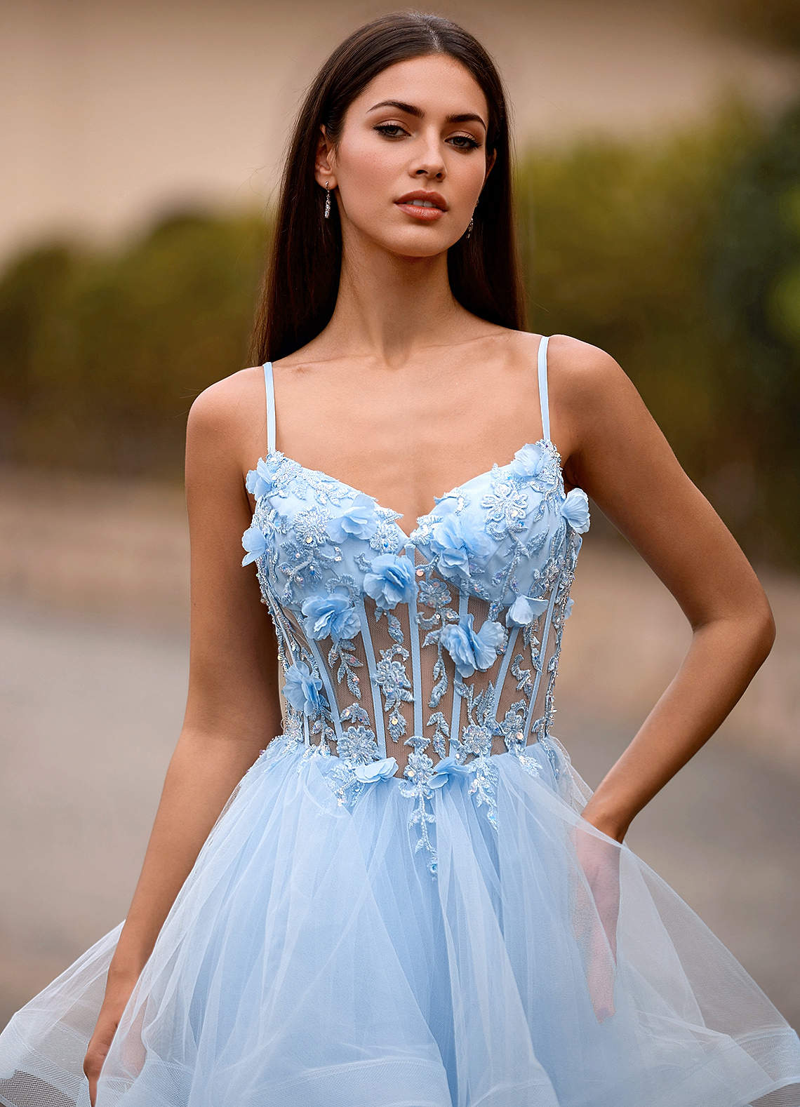 Dreama Sky Blue Lace Corset Ruffle Prom Dress | Azazie