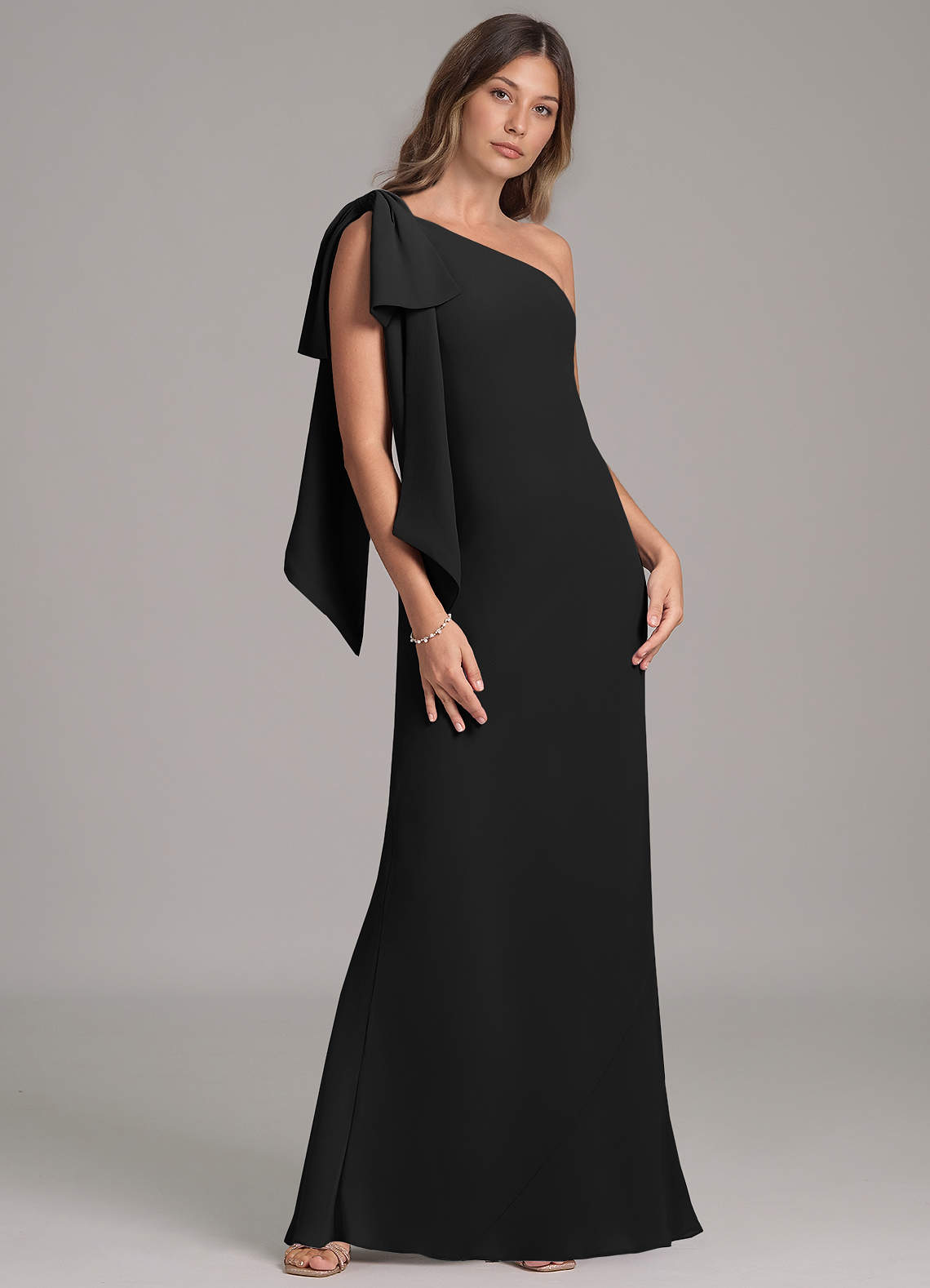 Azazie Capri At-home Try On Dresses Black A-Line One Shoulder Chiffon Dress image3