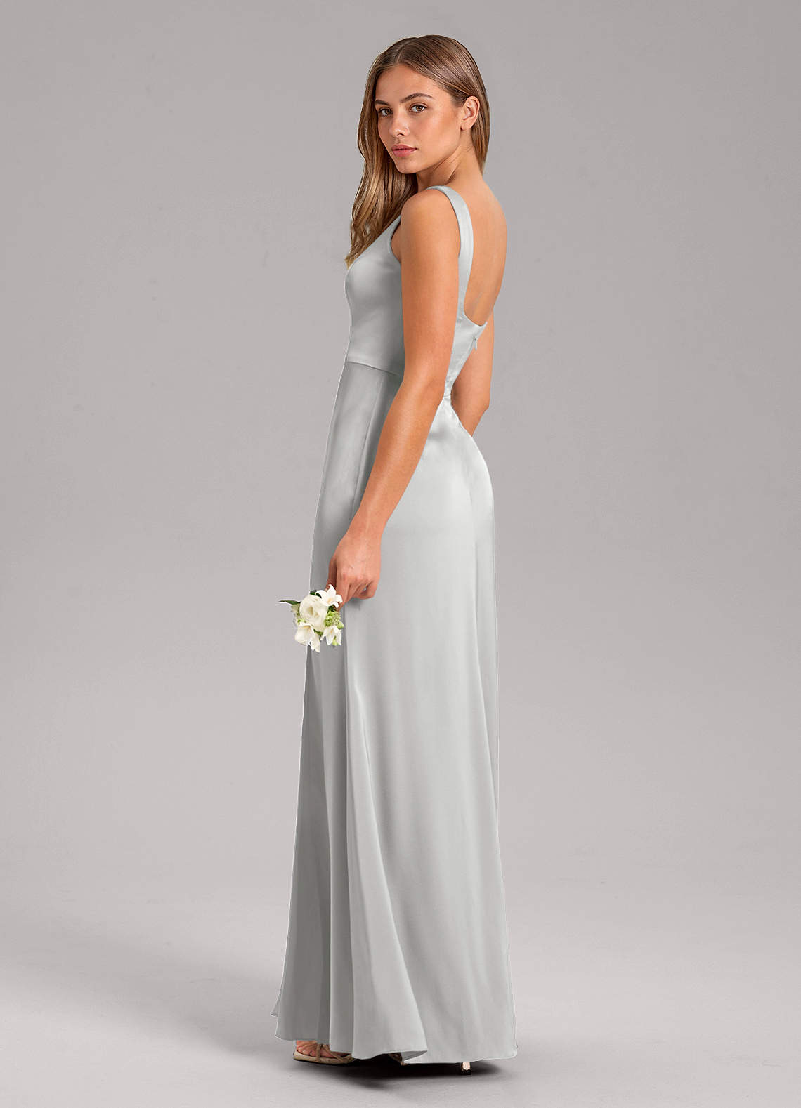 Azazie Frostine Bridesmaid Dresses Silver A-Line Bow Stretch Satin Dress image6