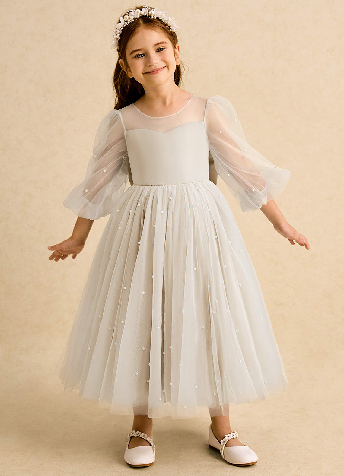 Azazie Trudy Flower Girl Dresses Champagne Ball-Gown Sweetheart Neckline Tulle Dress image2