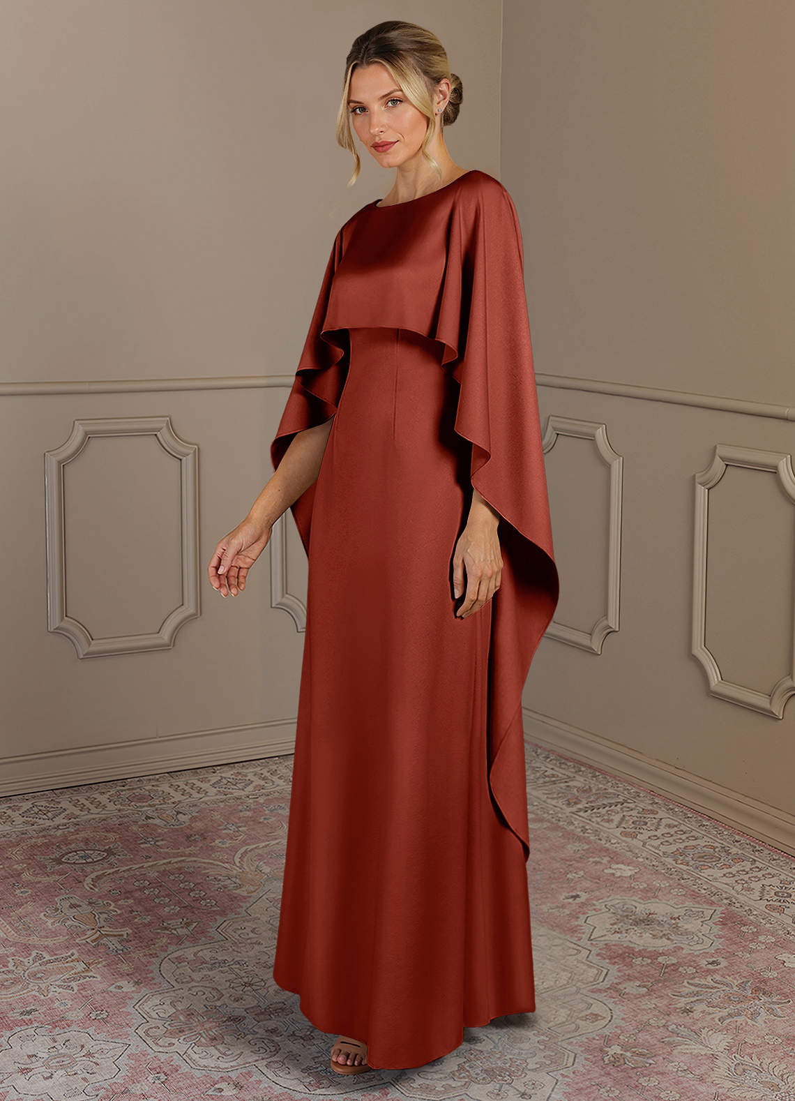 Azazie Eli Mother of the Bride Dresses Terracotta Sheath Boatneck Stretch Satin Dress image2