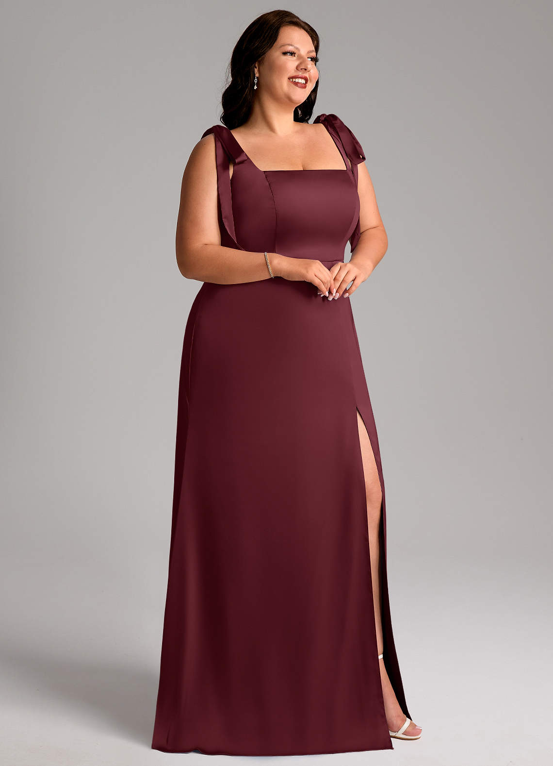 Azazie Plus Size A-Line Square Neck Floor-Length Stretch Satin Bridesmaid Dresses - Cabernet Azazie Plus Size A-Line Square Neck Floor-Length Stretch Satin Bridesmaid Dresses - Cabernet