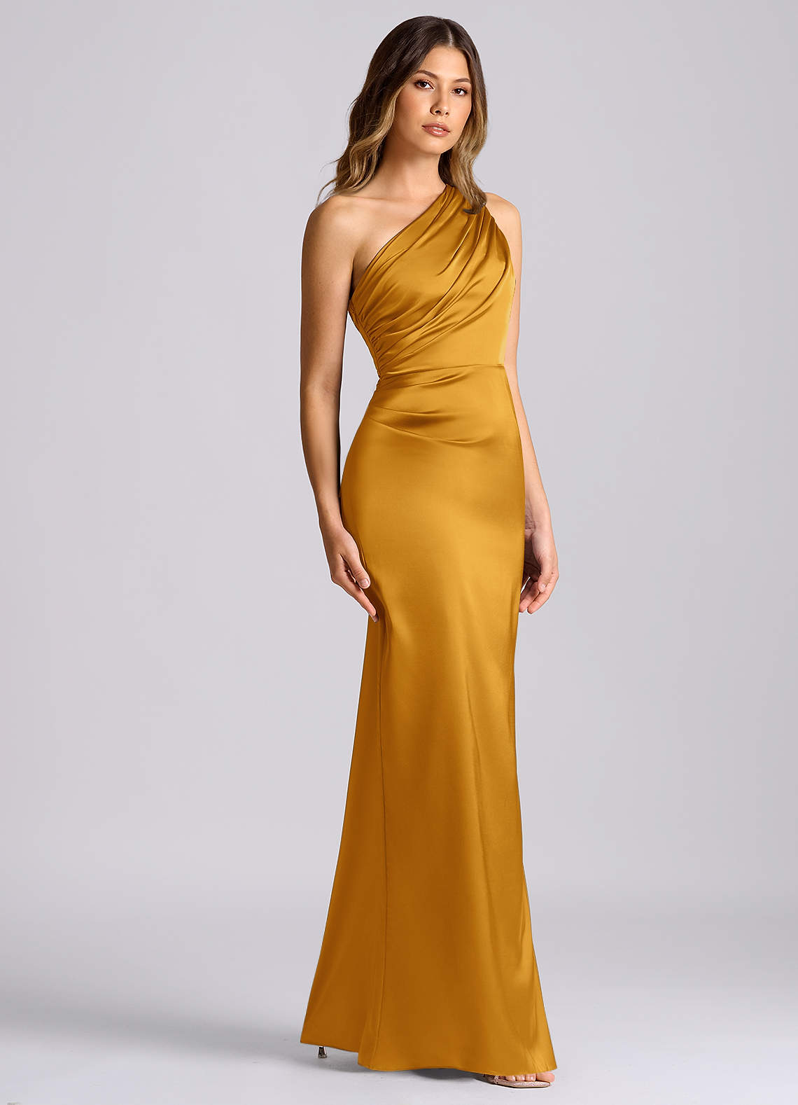 Azazie Akilah Brudepigekjoler Havfrue En skulder Stræk satin Gulv-længde Kjole image2