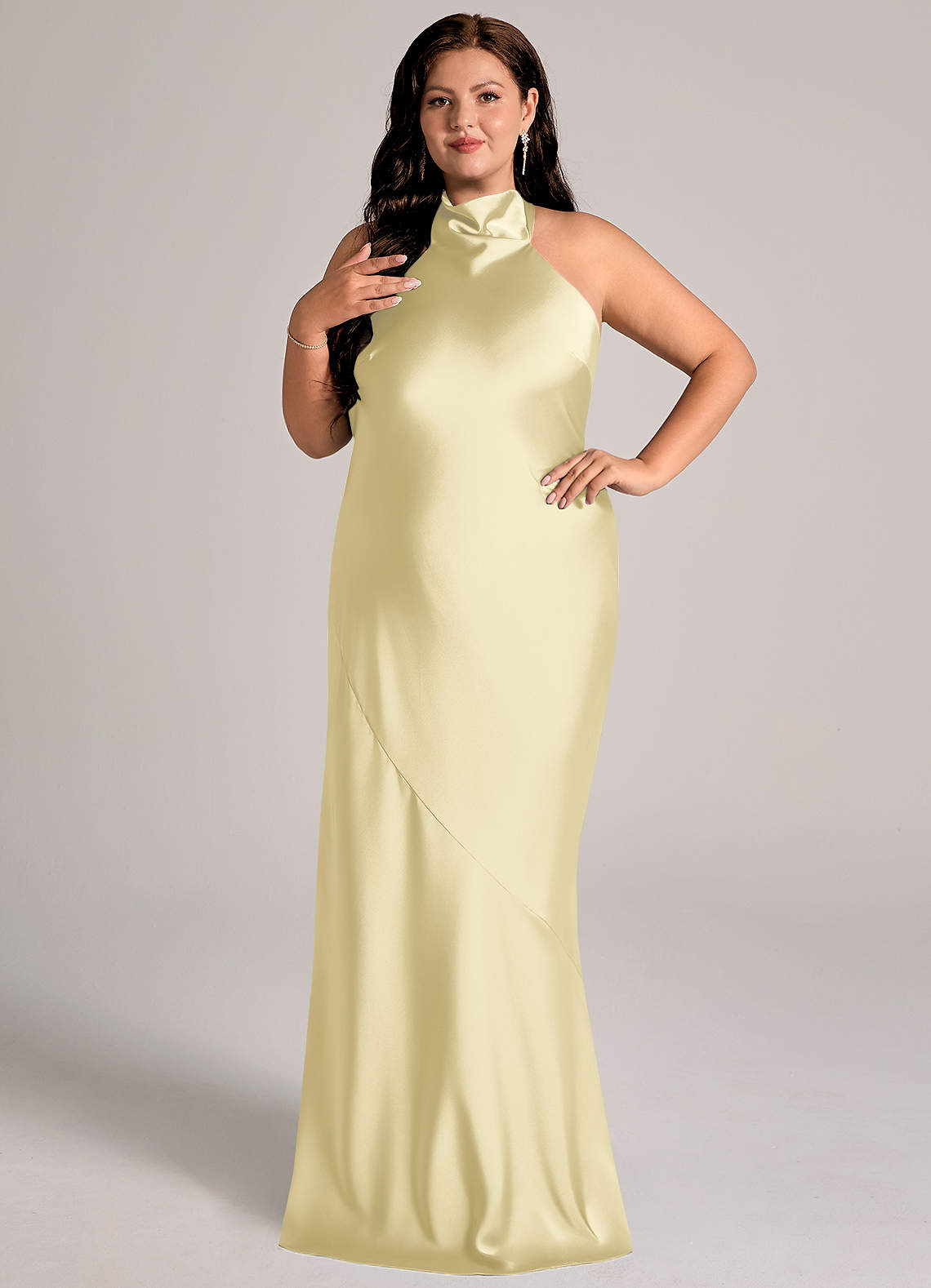 Azazie Velli Bridesmaid Dresses Lemon Sorbet Mermaid High Neck Stretch Satin Dress image8