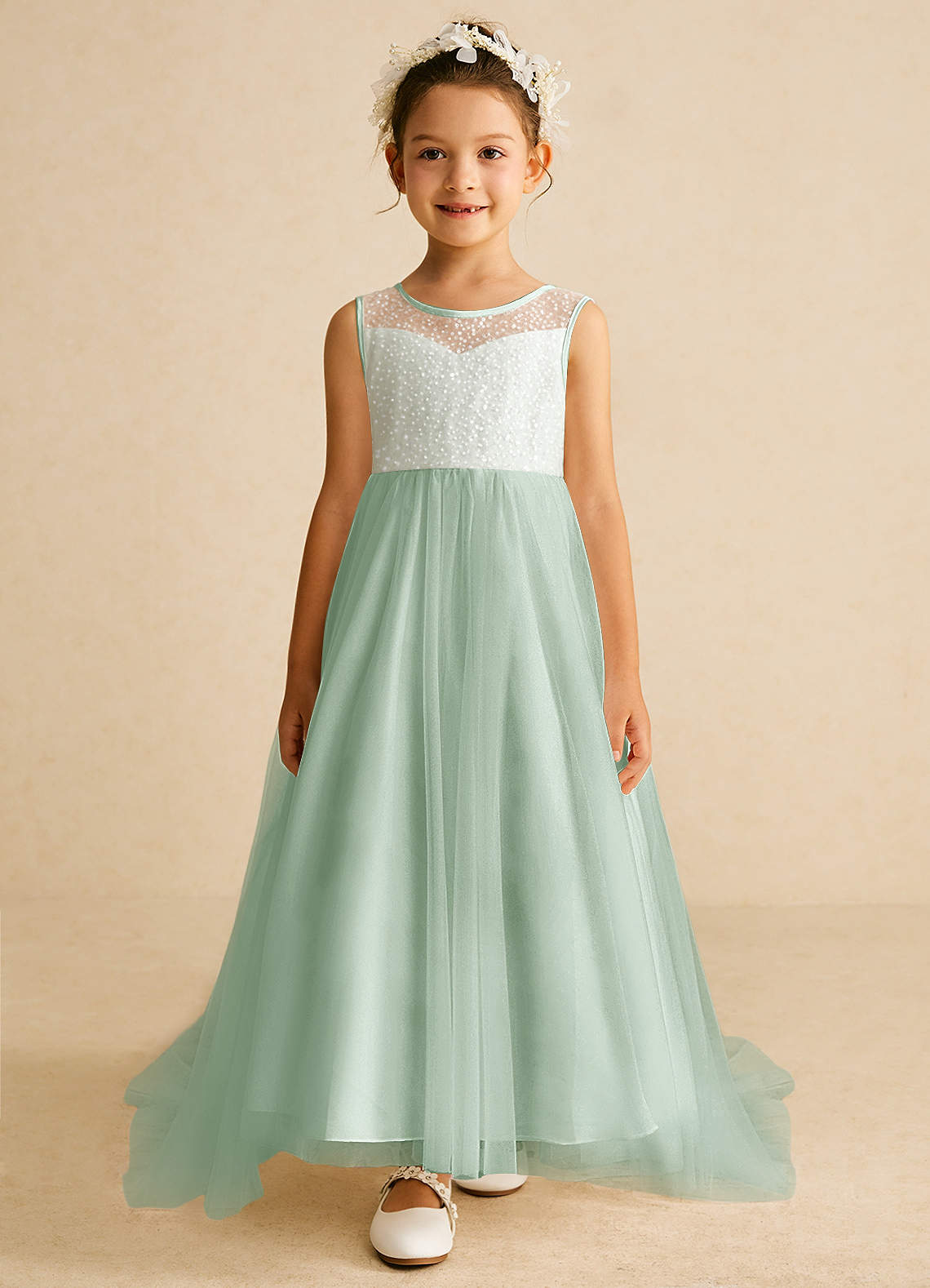 Azazie Tay Flower Girl Klänningar Klänning A-Linje i Tyll Paljetter image1