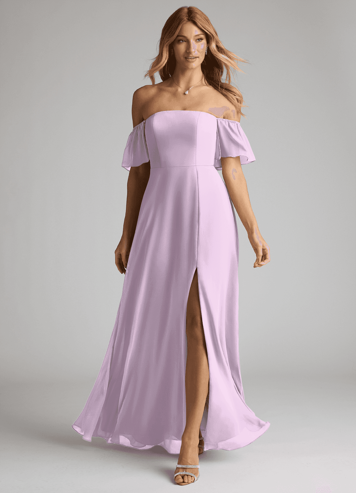 Azazie Sue Bridesmaid Dresses Frosted Lilac A-Line Off the Shoulder Chiffon Convertible Dress image1