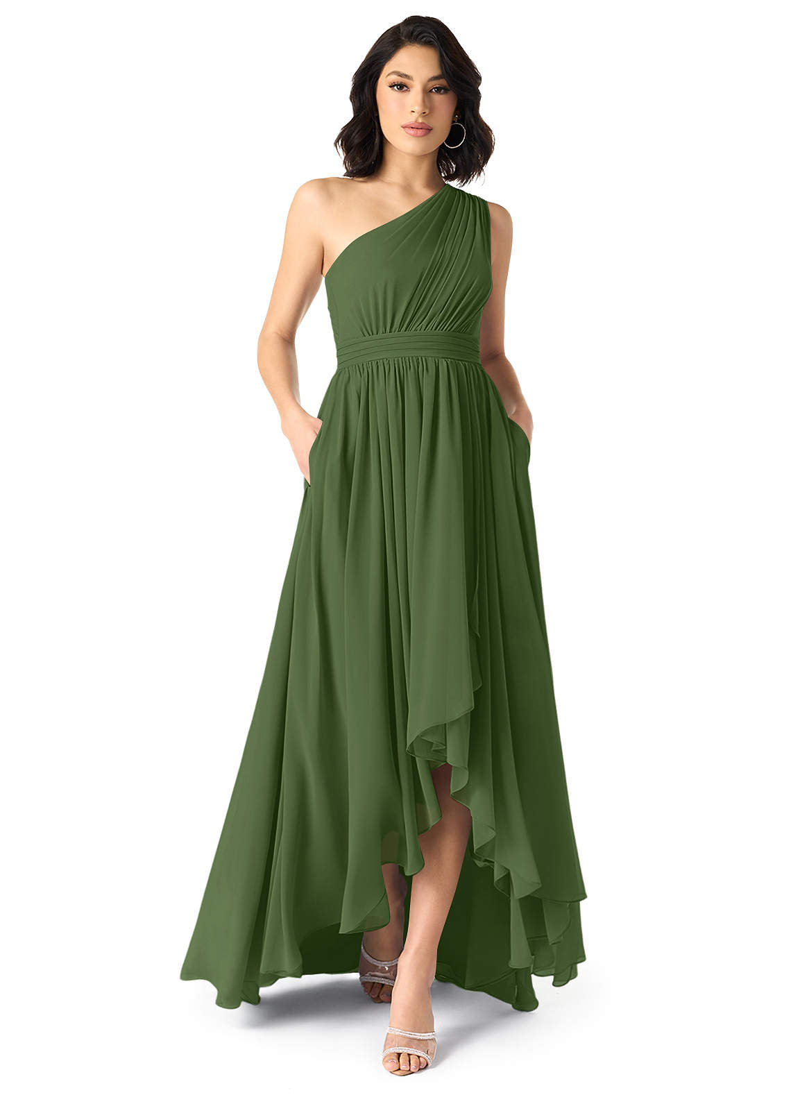 Azazie Mathilda Robes de demoiselle d'honneur Robe Trapèze en Mousseline de soie Ue épaule Olive image1