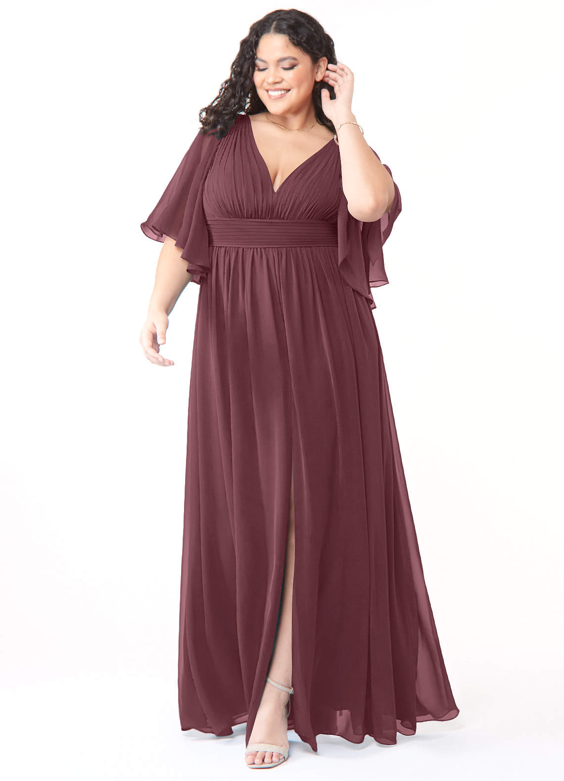 Azazie Temeka Robes de demoiselle d'honneur Robe Trapèze en Mousseline de soie Rayé Sangria image1