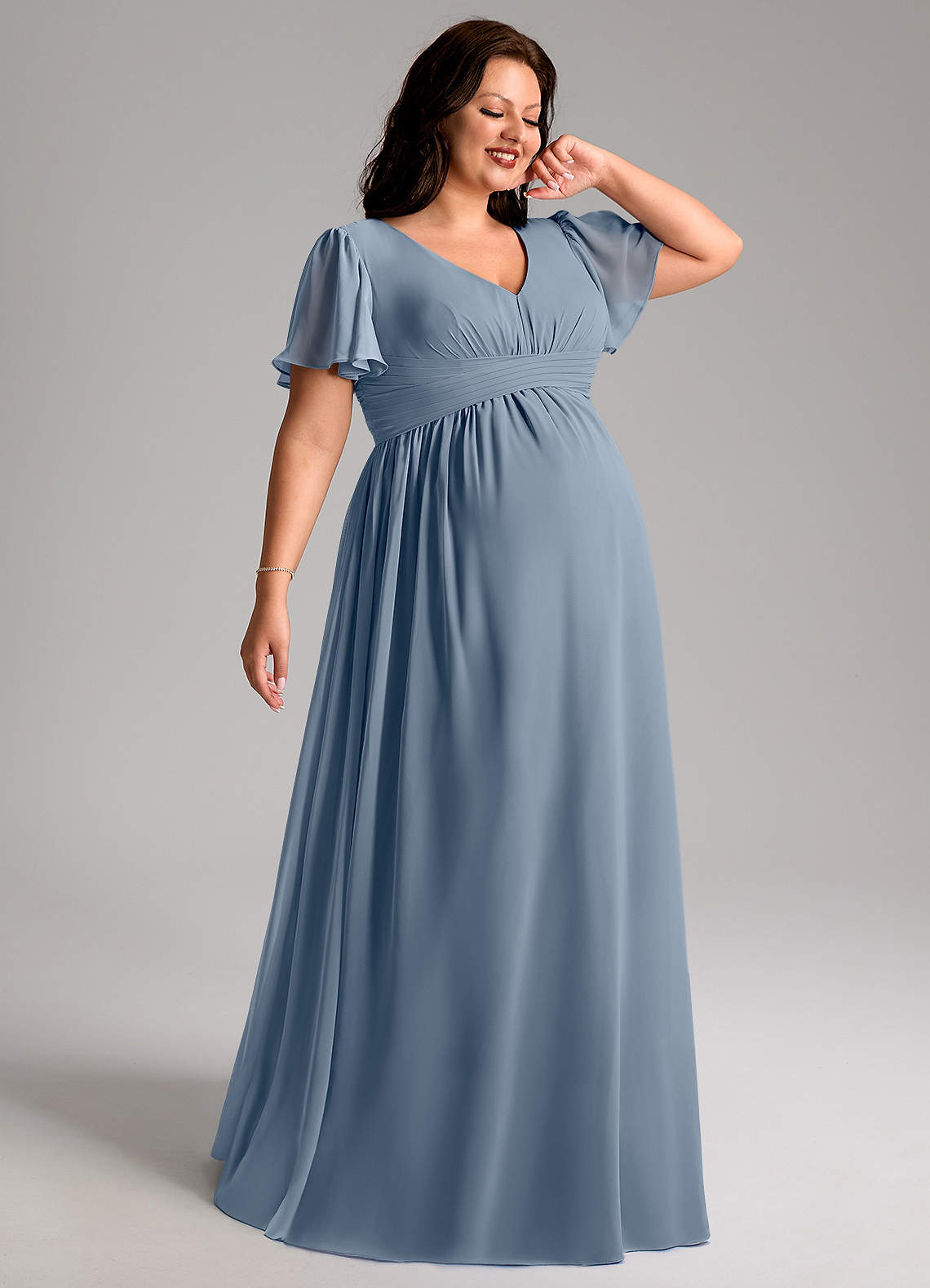 Azazie Verna Maternity Bridesmaid Dresses A-Line V-Neck Ruched Chiffon Floor-Length Dress image1