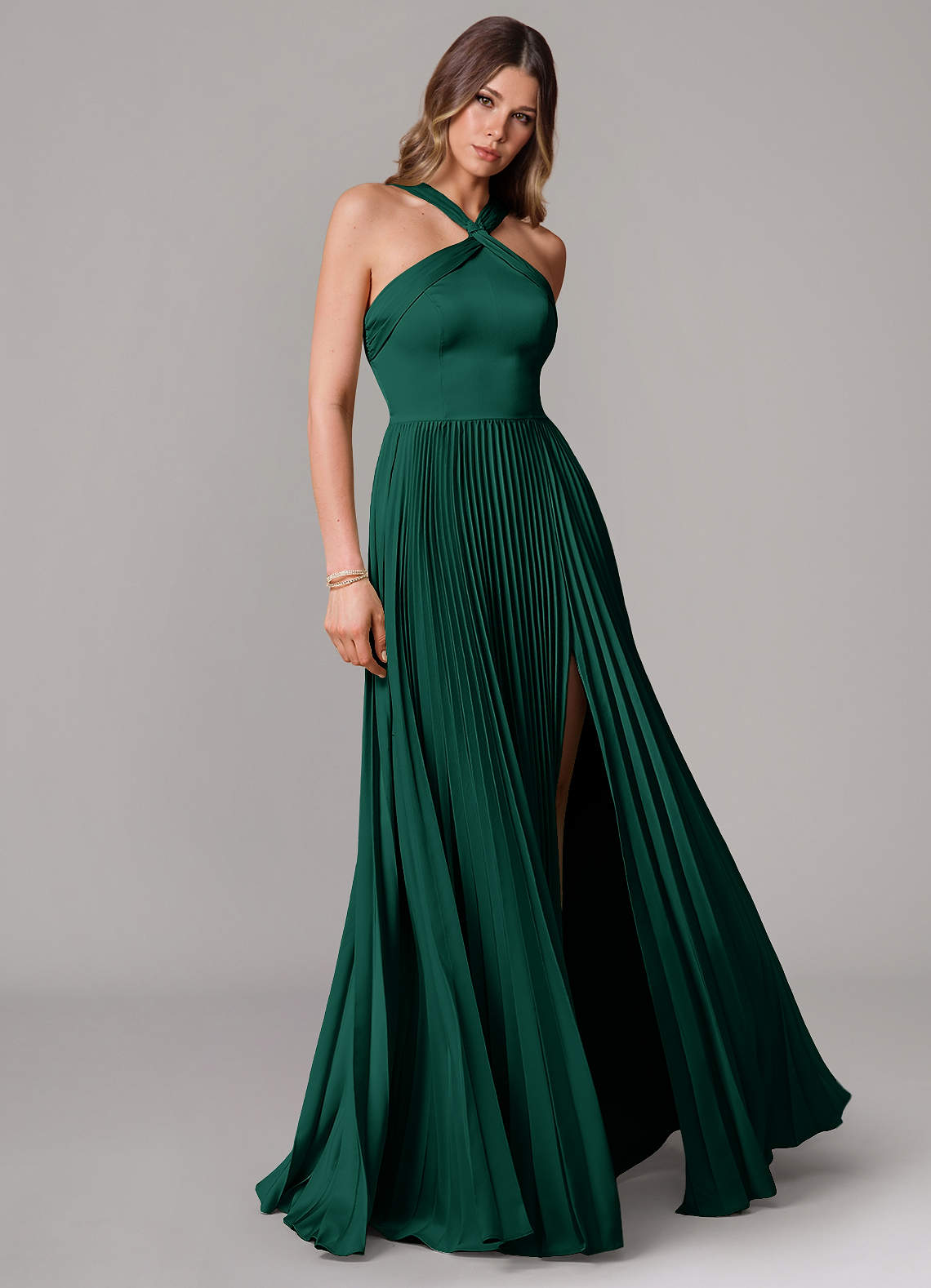 Azazie Afra Bridesmaid Dresses Emerald A-Line Pleated Stretch Satin Dress image1