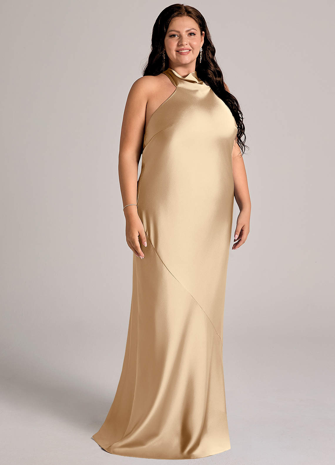 Azazie Velli Bridesmaid Dresses Champagne Mermaid High Neck Stretch Satin Dress image10