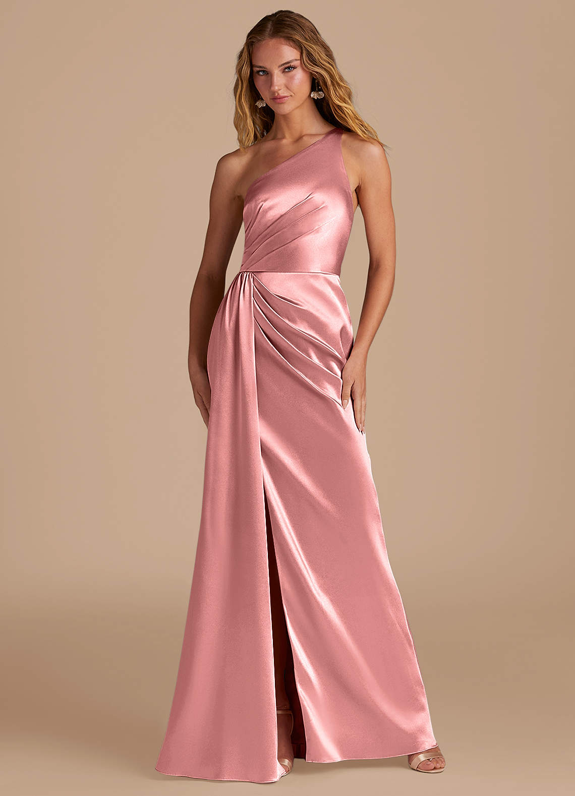 Azazie Mika Bridesmaid Dresses Rosette Sheath One Shoulder Metallic Satin Dress image1