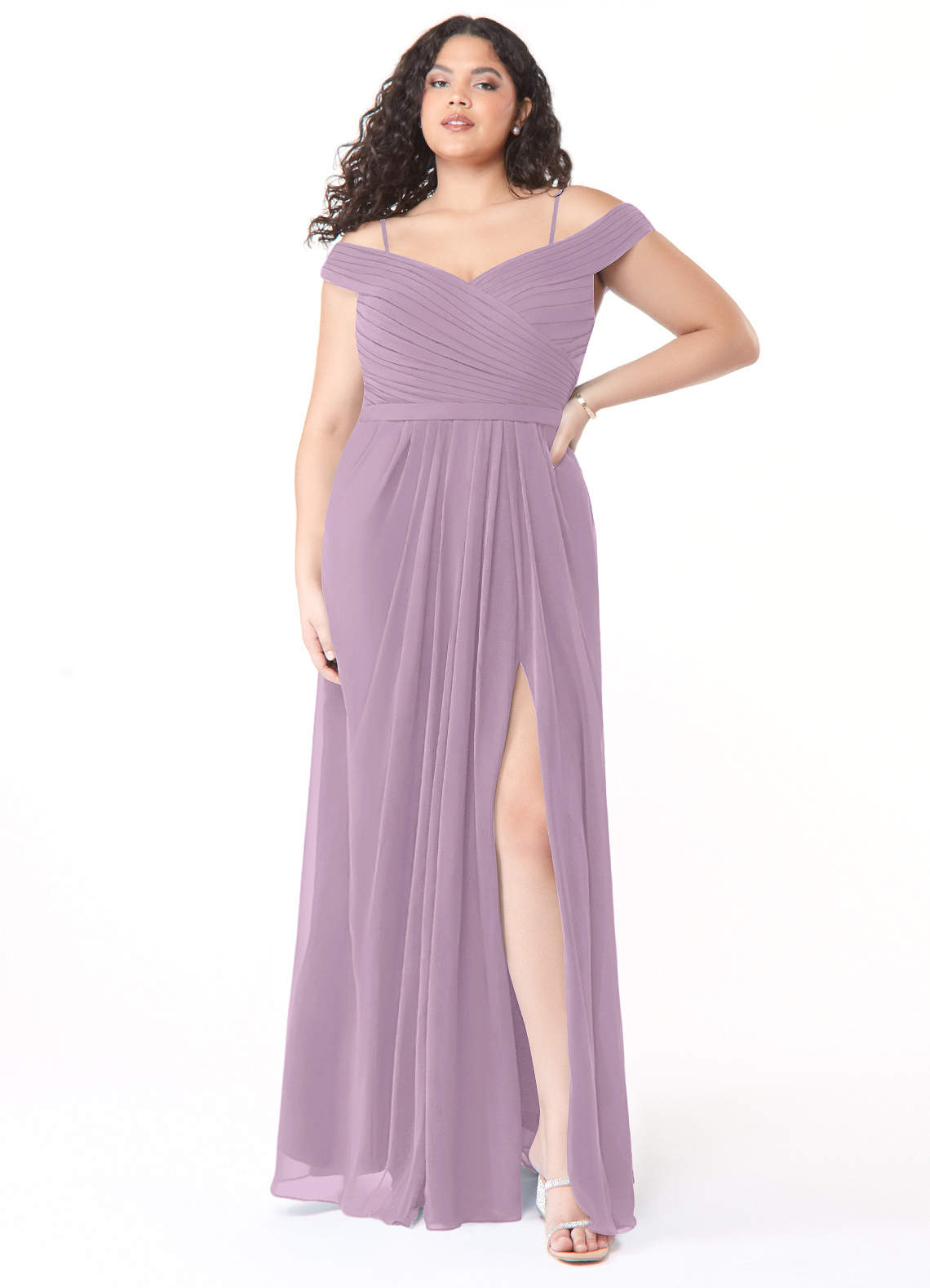 Azazie Audrianna Bridesmaid Dresses Wisteria A-Line Off-The-Shoulder Gathered Chiffon Convertible Dress image1