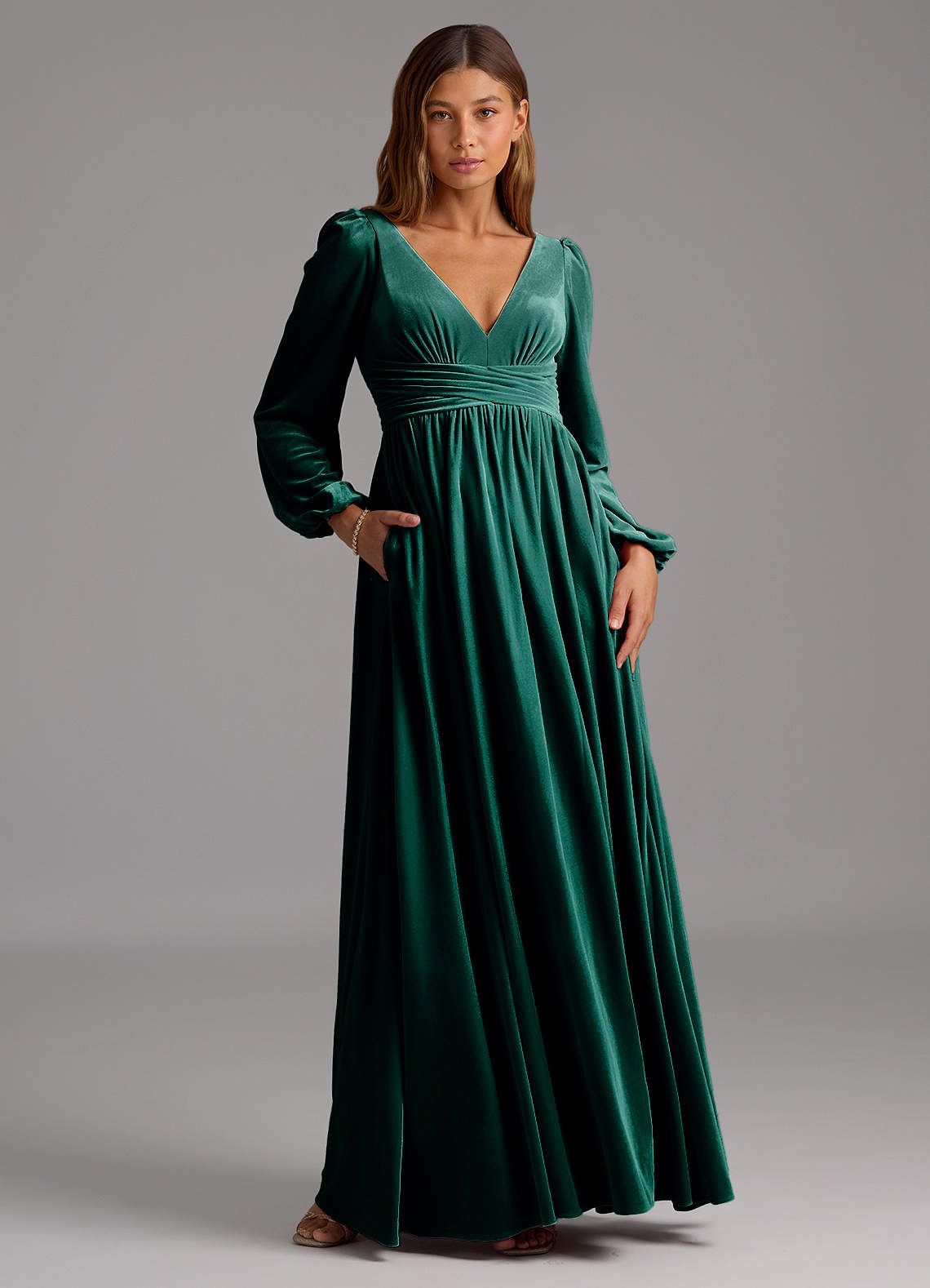 Azazie Norah Bridesmaid Dresses Emerald A-Line Long Sleeve Velvet Dress image4