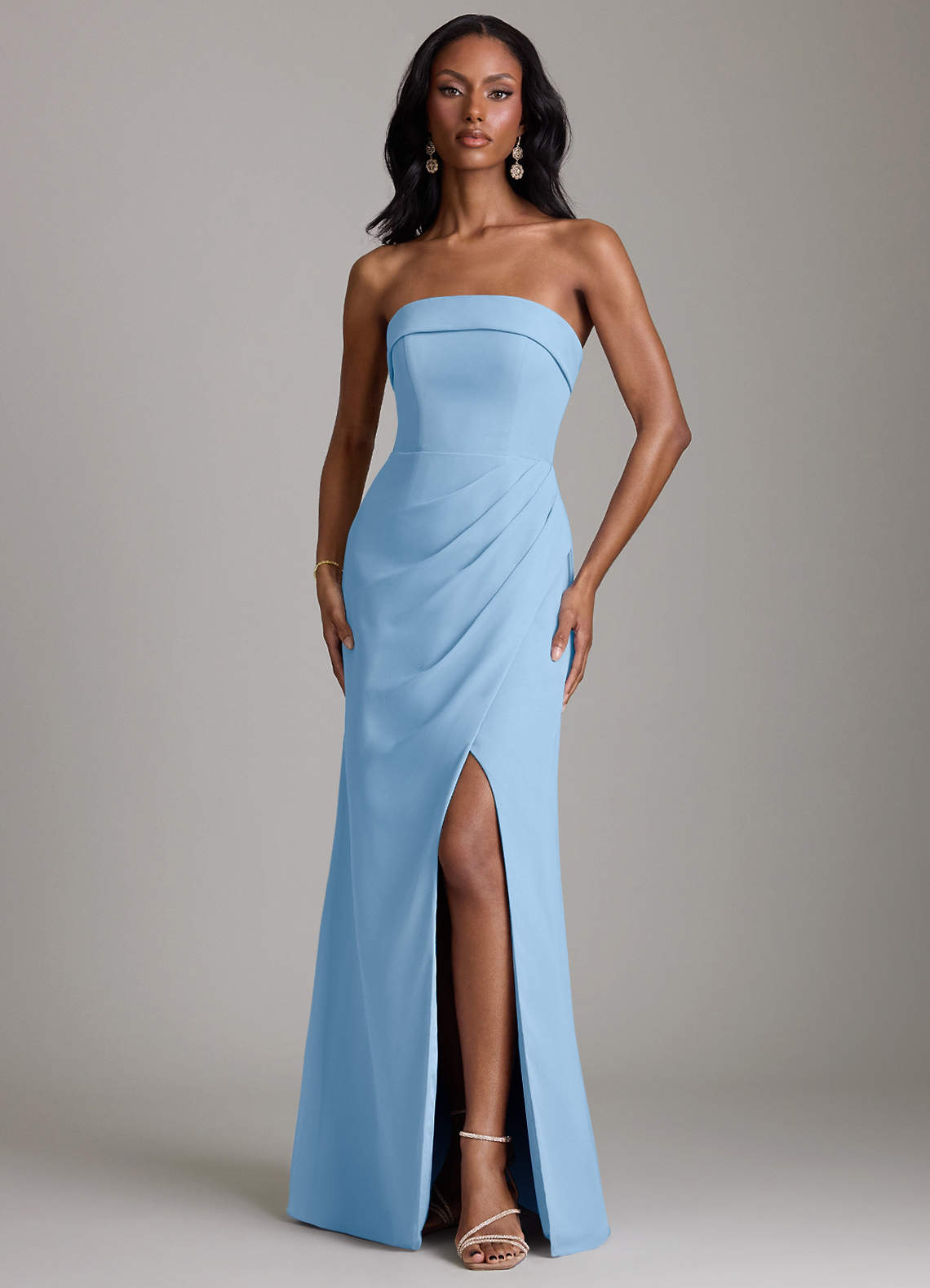 blue chiffon strapless dress Zapaka Women Dusty Blue Chiffon Long Bridesmaid Dress Neck Scarf A Line Strapless Wedding Guest Dress, Grey Blue / US14