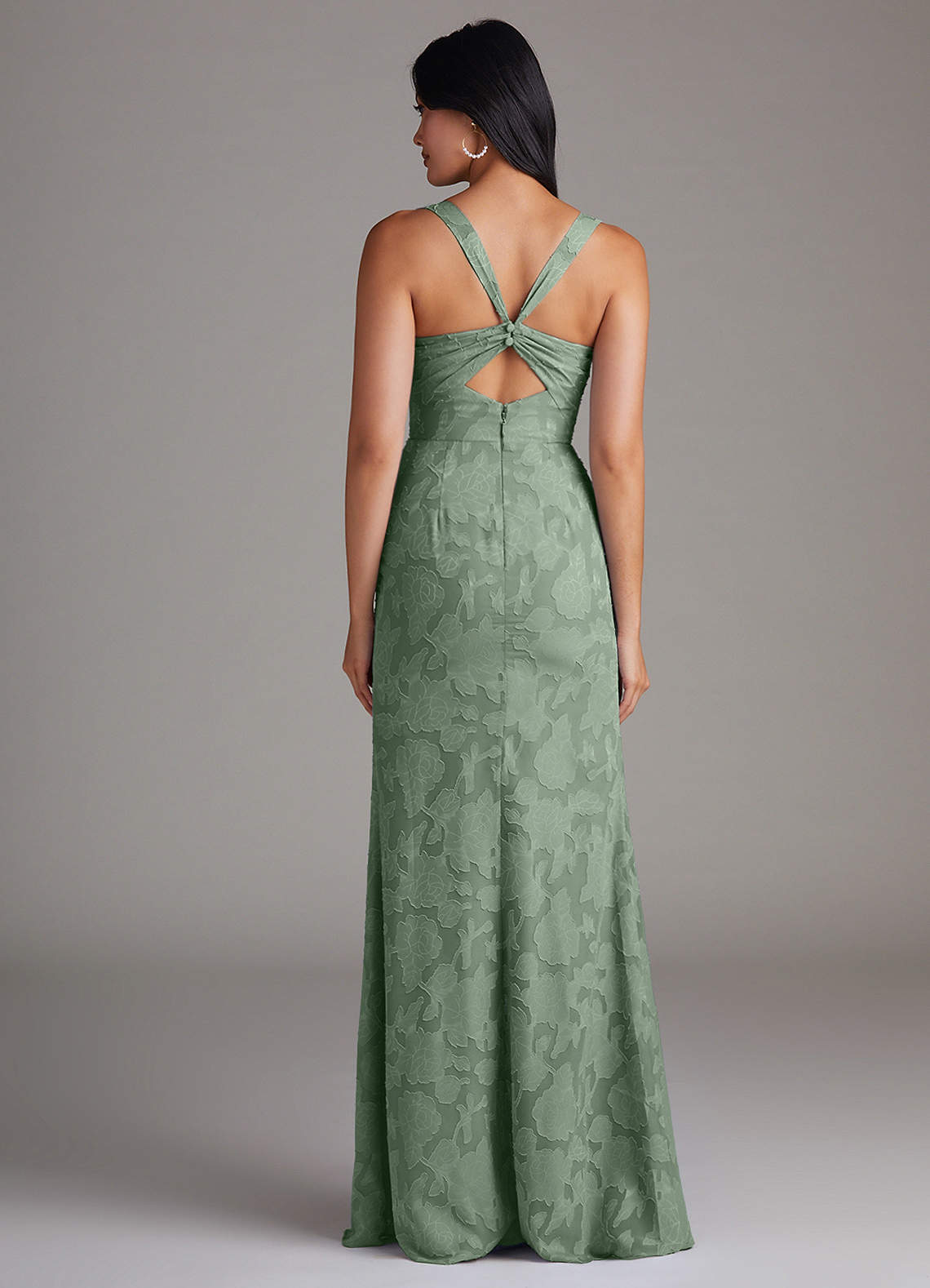 Azazie Mero Bridesmaid Dresses Matcha Sheath Pleated Floral Burnout Dress image2