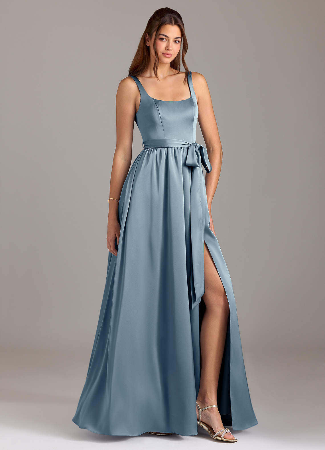 Azazie Elliott Bridesmaid Dresses Dusty Blue A-Line with Pockets Stretch Satin Dress image1