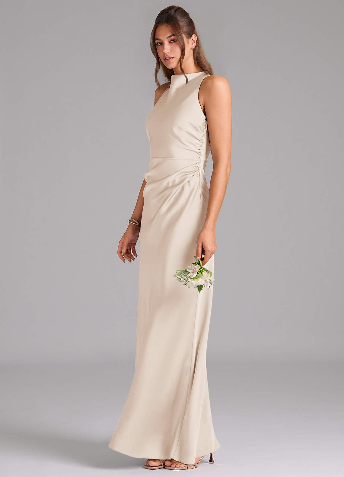 Azazie Evadne Bridesmaid Dresses White Alabaster A-Line Pleated Stretch Satin Dress image1