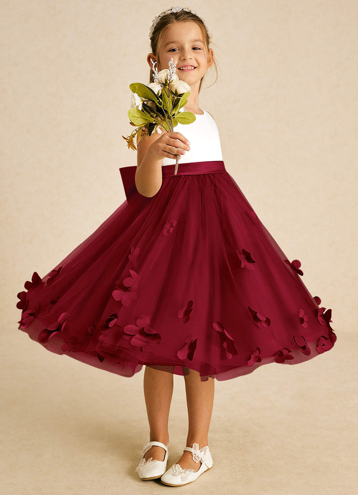 Azazie Sprout Flower Girl Dresses Burgundy A-Line Bow Tulle Dress image1