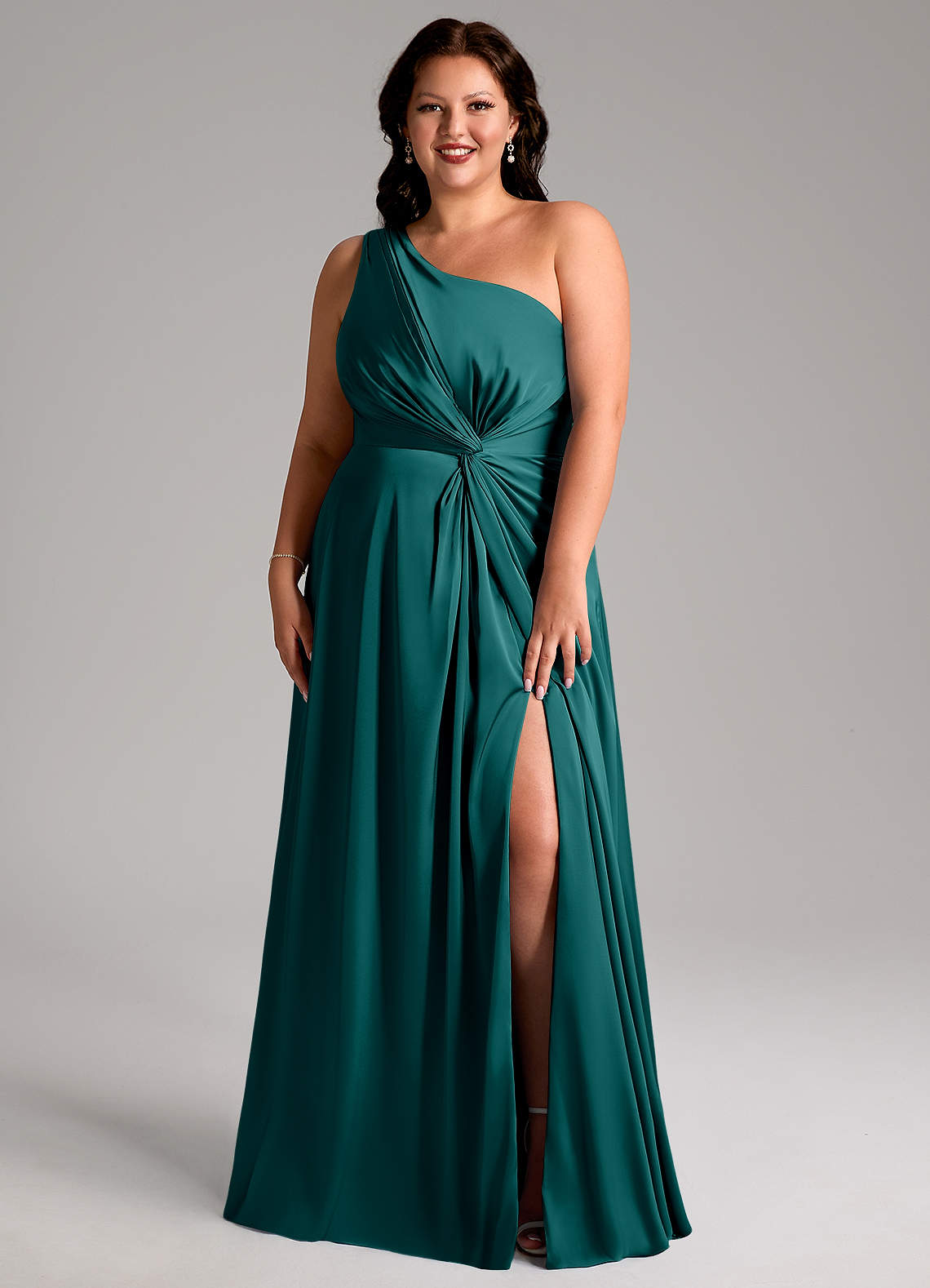 Azazie Brooke Bridesmaid Dresses Peacock A-Line One Shoulder Stretch Satin Dress image1