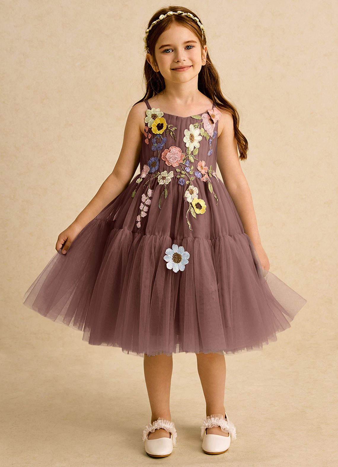 Azazie Osea Blumenmädchenkleider Ballkleid Plissee Tüll Kleid Espresso image5