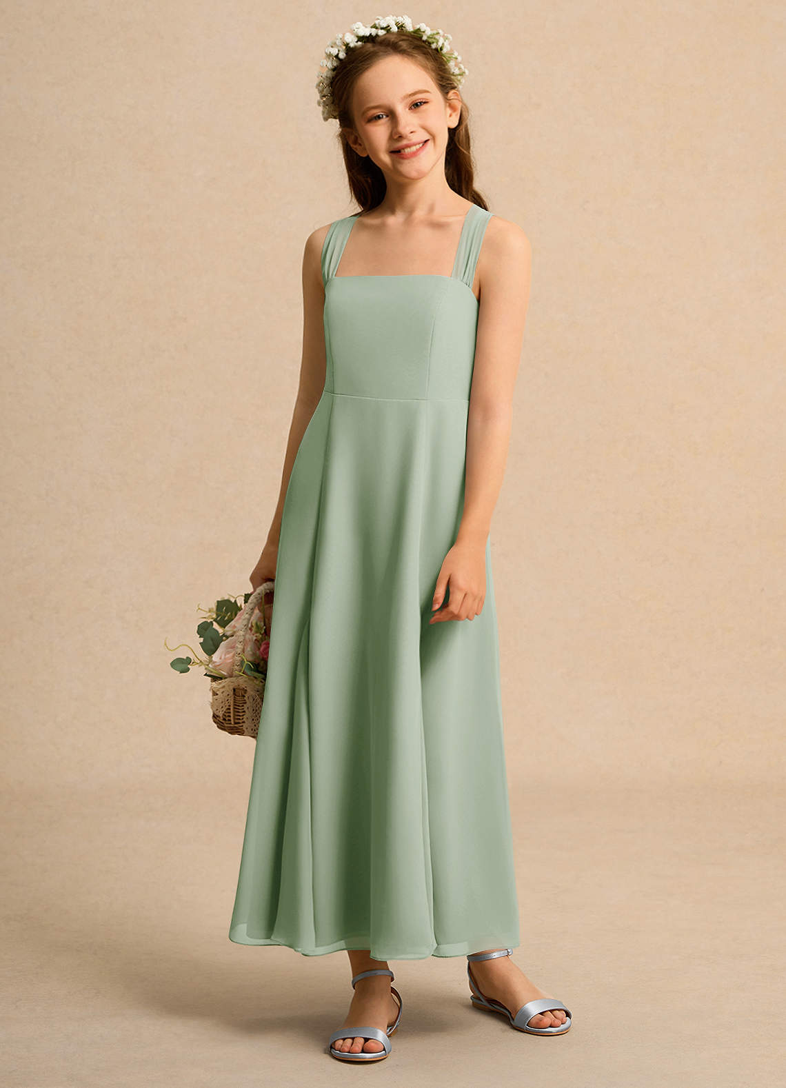 Azazie Tater Girl Flower Girl Dresses Dusty Sage A-Line Pleated Chiffon Dress image1